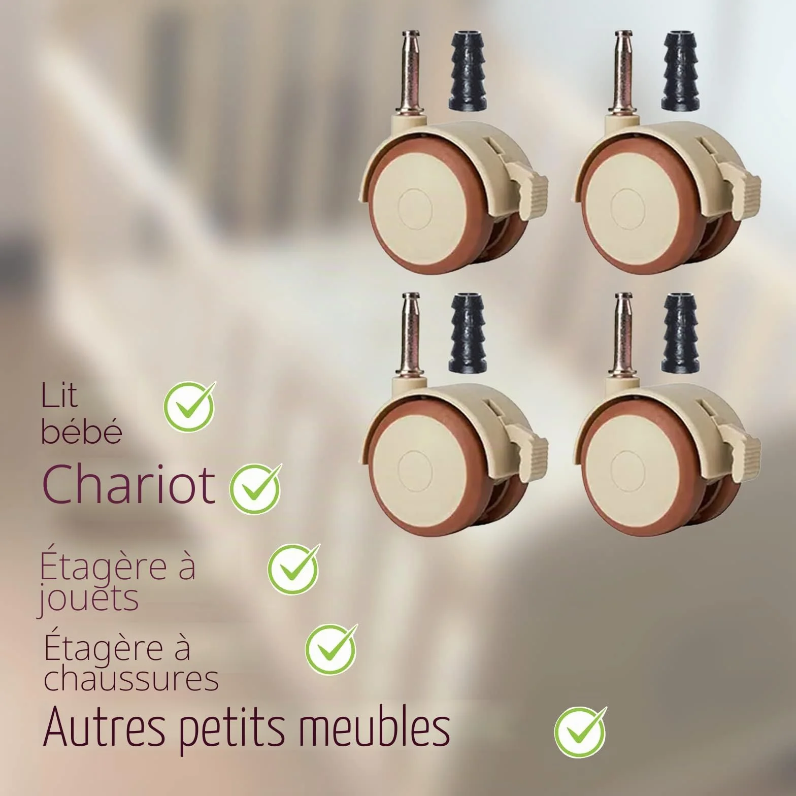 ZoeTekway Jeu de 4 roulettes pivotantes silencieuses en caoutchouc avec frein pour meubles d'enfants 10,5 mm