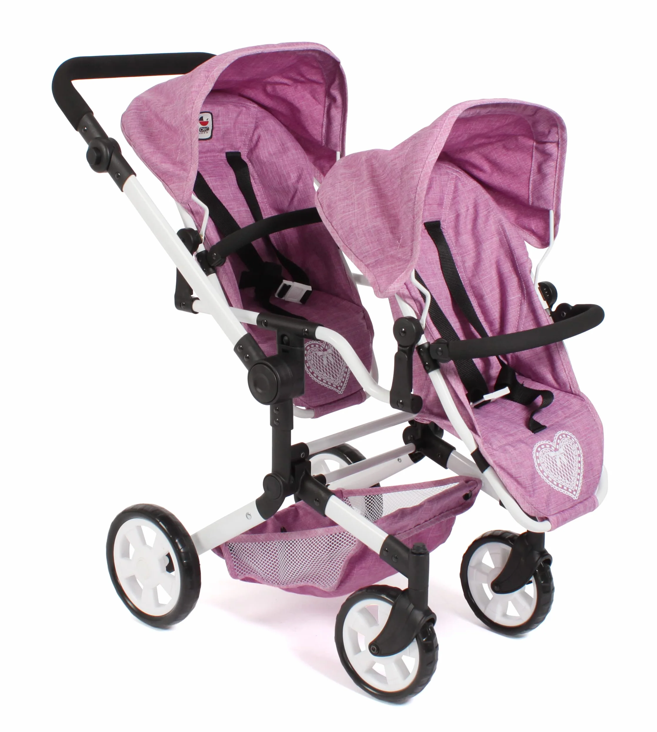 Bayer Chic 2000 Poussette de poupée Linus Duo, Poussette jumelle pour Enfants 4-8 Ans, Jean Rose