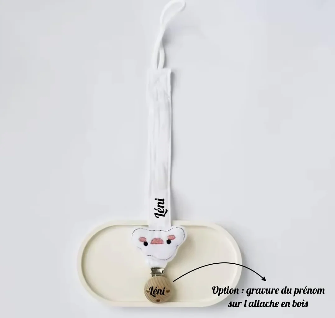 Attache tétine personnalisé prénom en gaze de coton bio bois animaux doudou éléphant nuage lion tigre écureuil