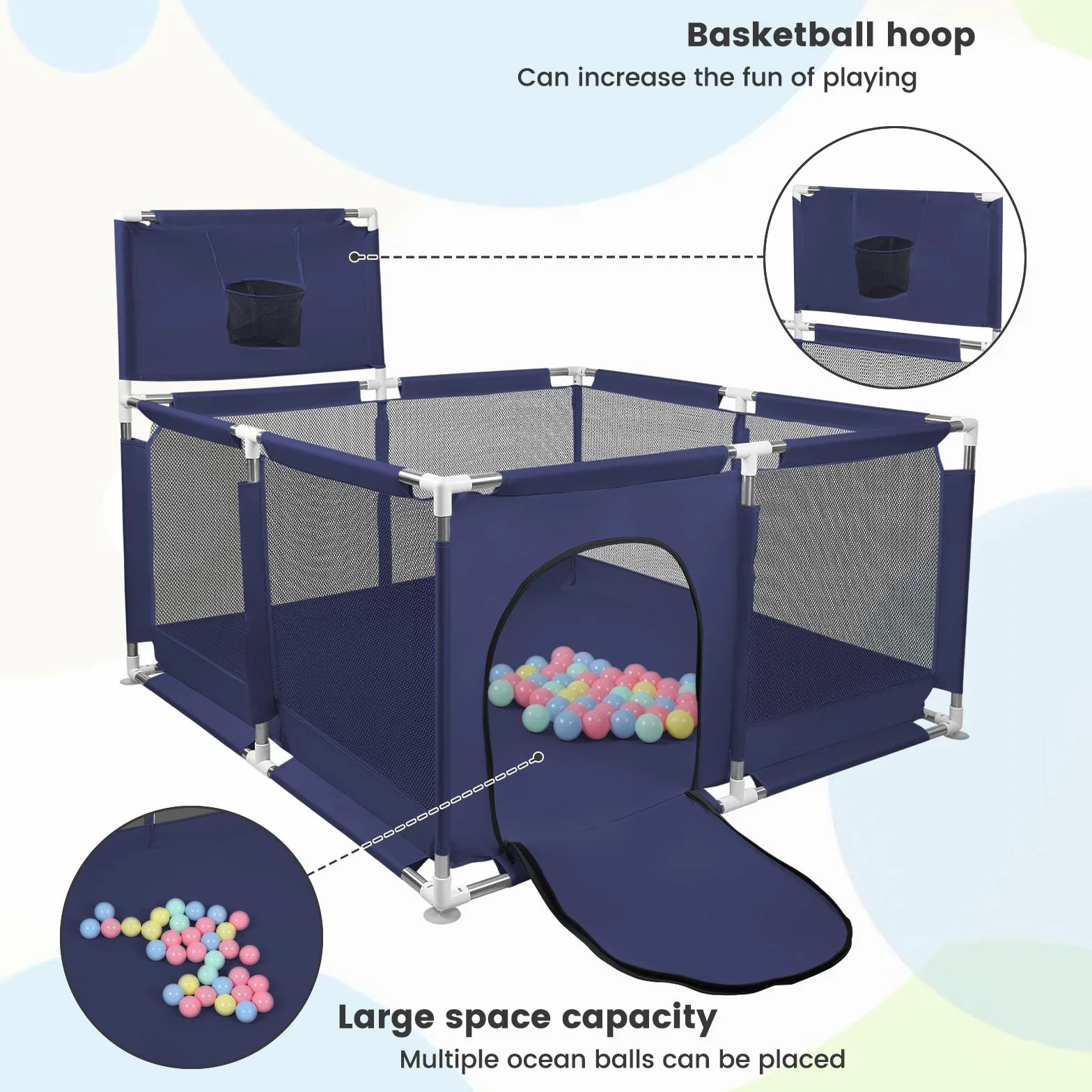 Parc Bébé Modulable Grand Centre d'Activités pour Enfants 126x126x66cm Bleu Marine avec 50 Boules Plastiques
