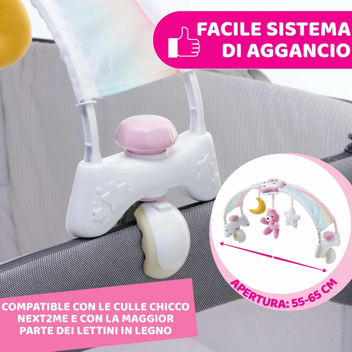 Chicco Arche Arc en Ciel Jeu de Développement 2 en 1 Compatible Lit Next2Me Panneau Berceau Veilleuse Musique Pendentifs Jouet Bébé 0+ Mois Rose