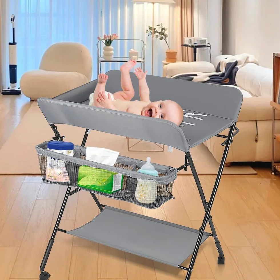 Table à langer pliante bébé avec panier rangement ceinture sécurité 4 roues frein réglable hauteur