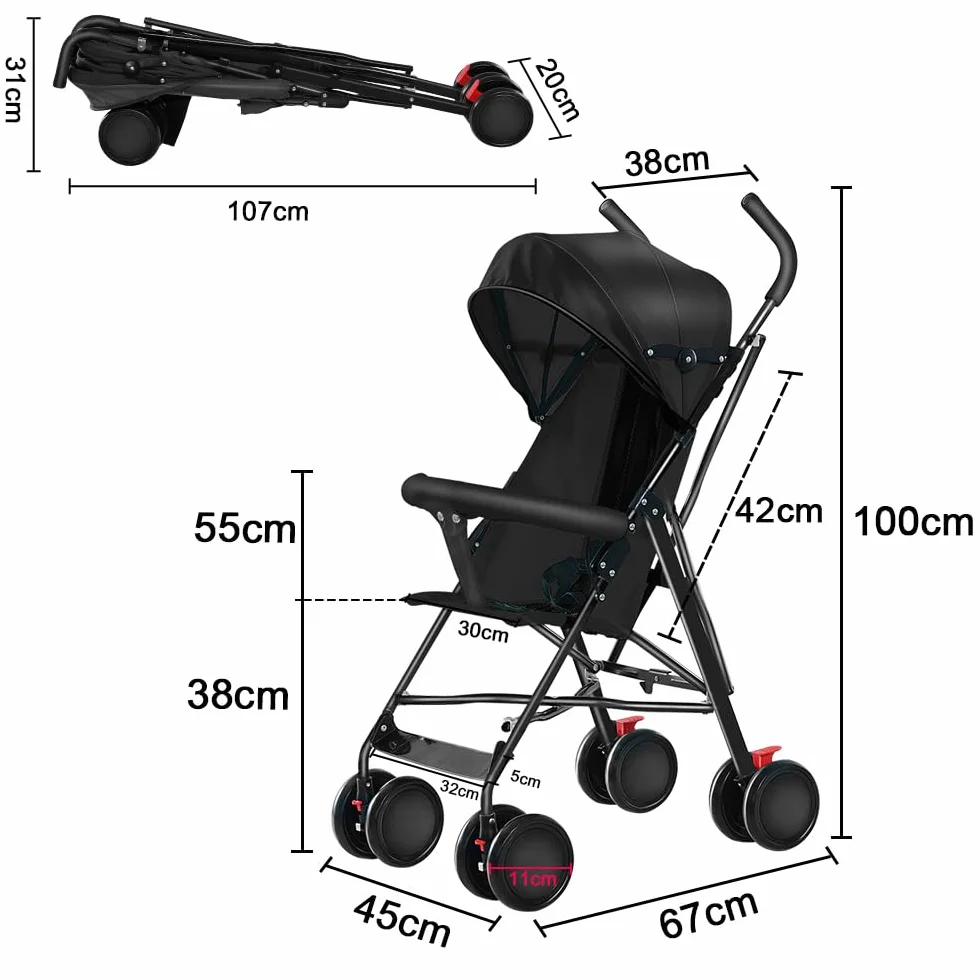 Poussette Canne Ultra Légère Compacte Pliable Inclinable Naissance à 25 kg avec Système Trolley Housse de Pluie Capote Extensible Noir