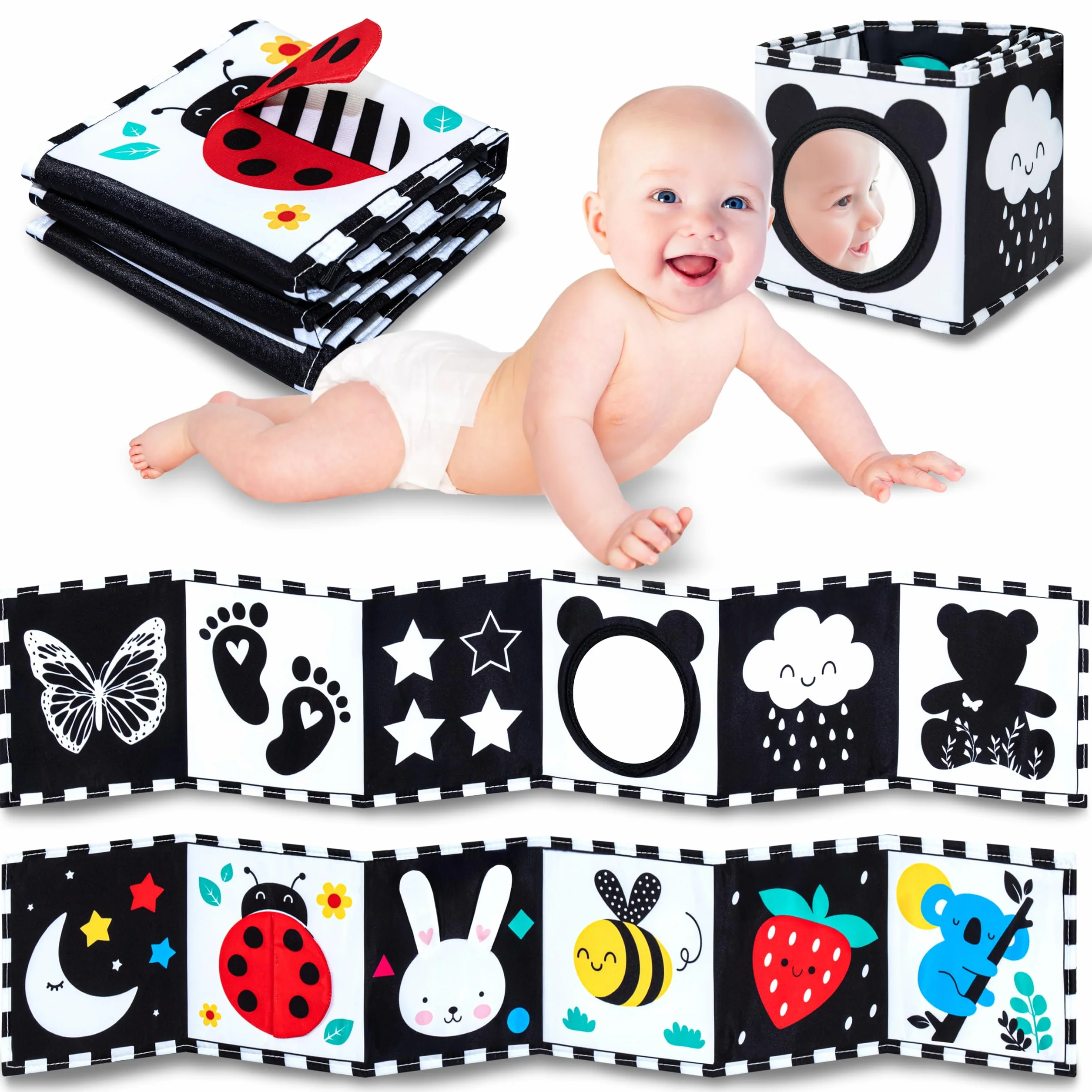 Livre Tissu Bébé Éveil 0-12 Mois Montessori Noir et Blanc Sensoriel Cadeau