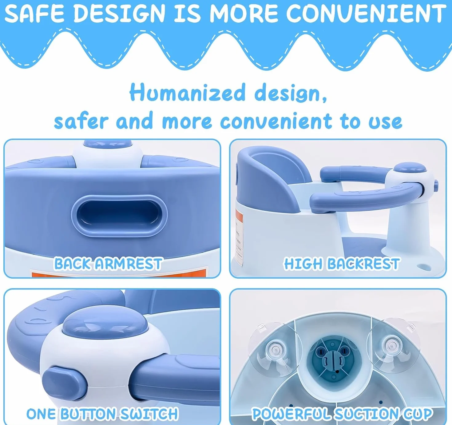 Siège de Bain pour Bébé 6-36 Mois avec Coussin Antidérapant et 4 Ventouses (Bleu)