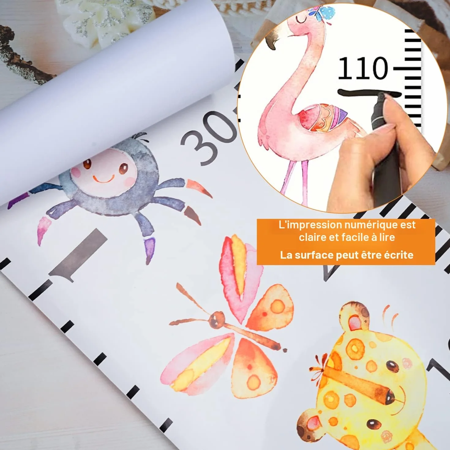 Toise Murale Enfant 20cm×200cm Toile Amovible Mesure Taille avec Motif Dessin Animé Décoration Chambre