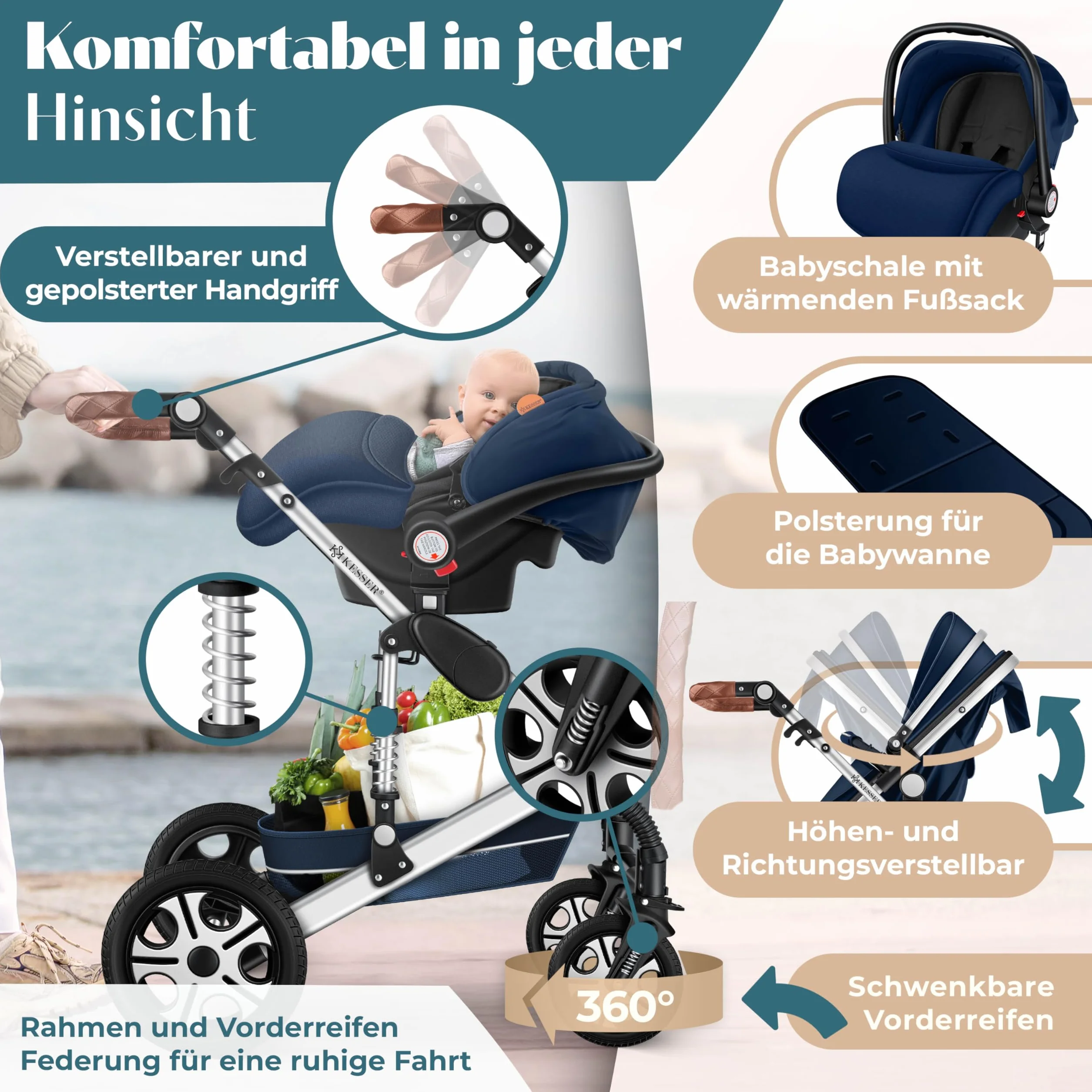 KESSER Ensemble poussette combinée 4 en 1 nacelle siège pneus caoutchouc plein ECE R129 Bleu Argent