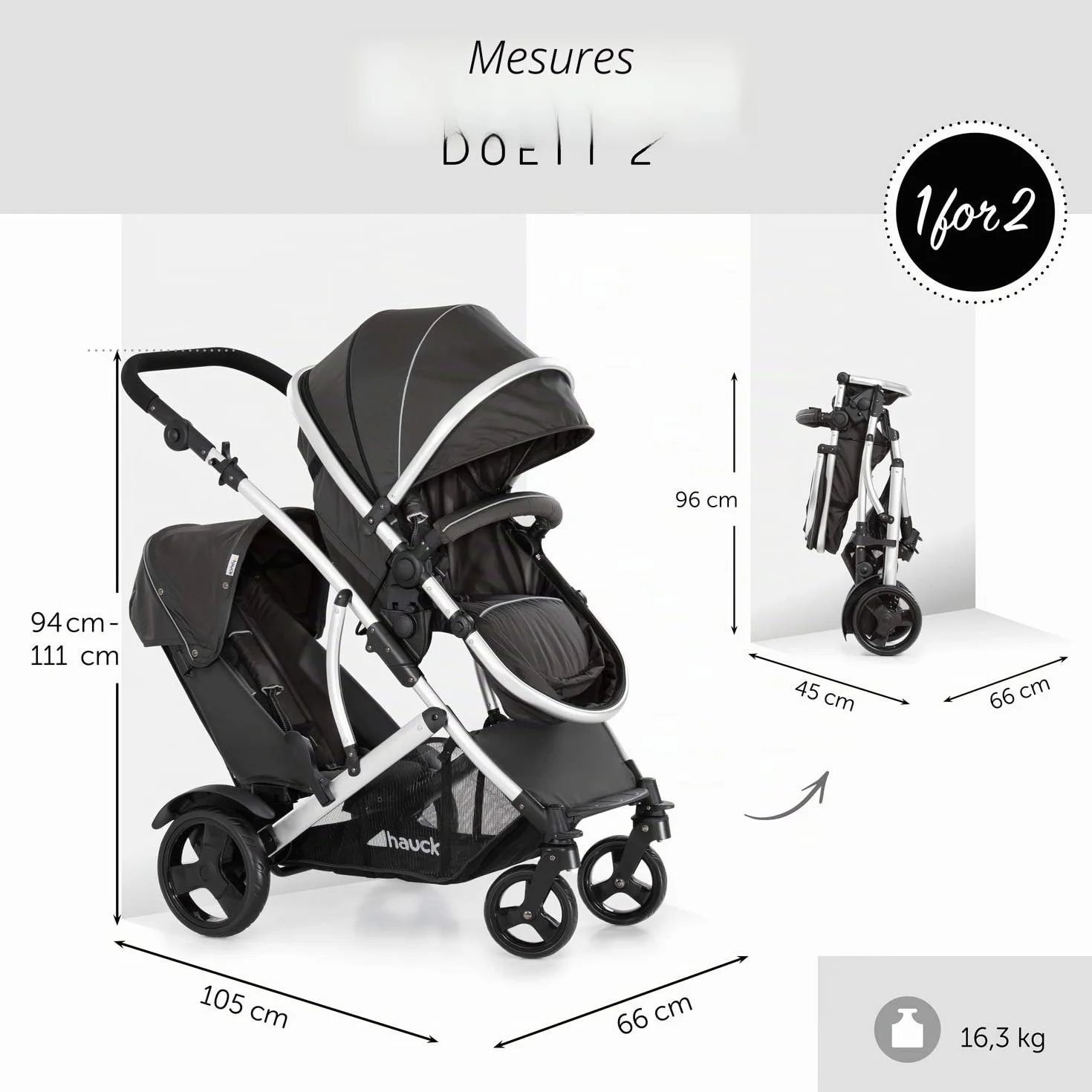 hauck Poussette Double Duett 2 Réversible Pliable Maxi 36 kg Inclus Habillage Pluie Forest Noir