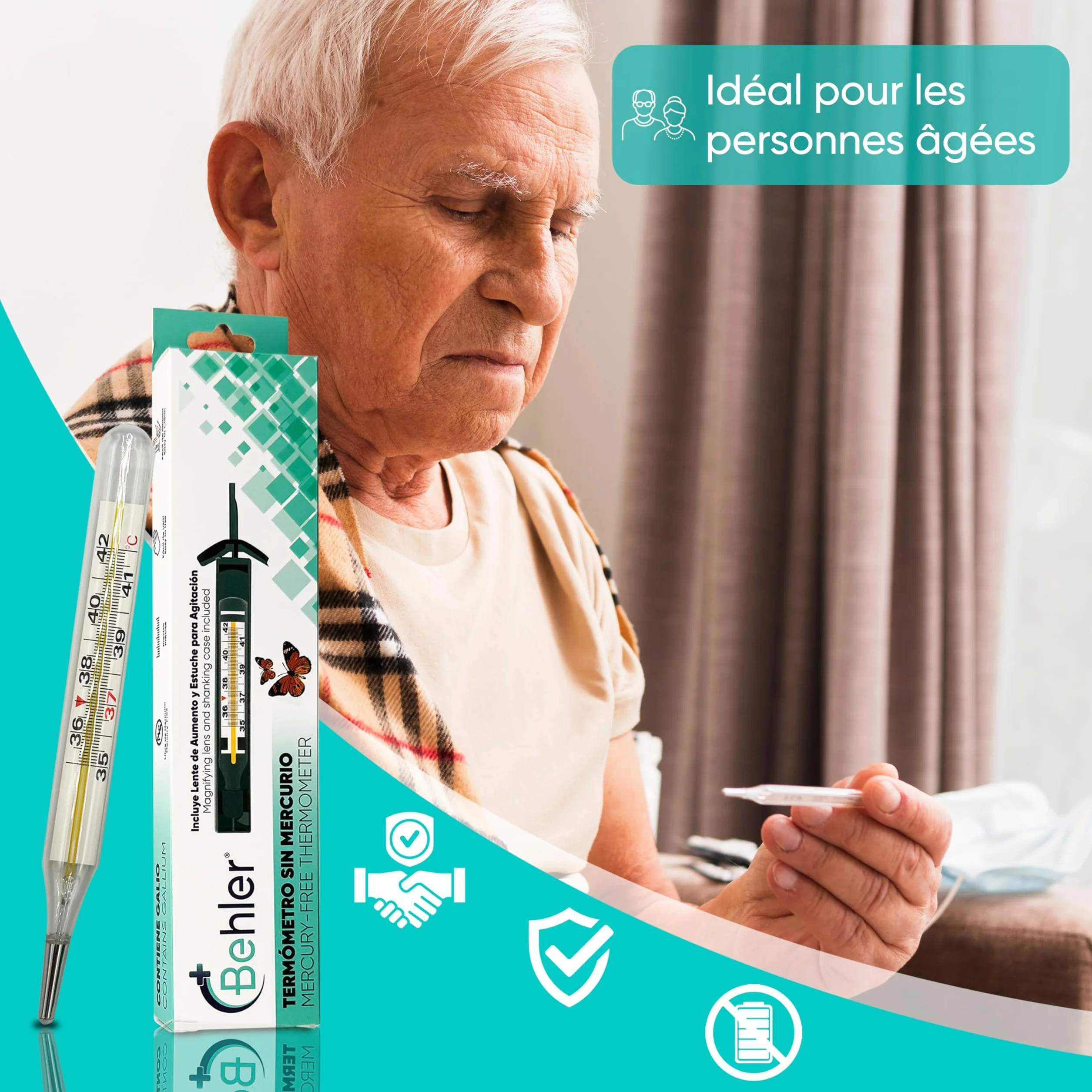 Thermomètre au Gallium Sans Mercure - Précis, Sans Piles - Verre - Usage Médical et Domestique - Inclut Loupe et Étui