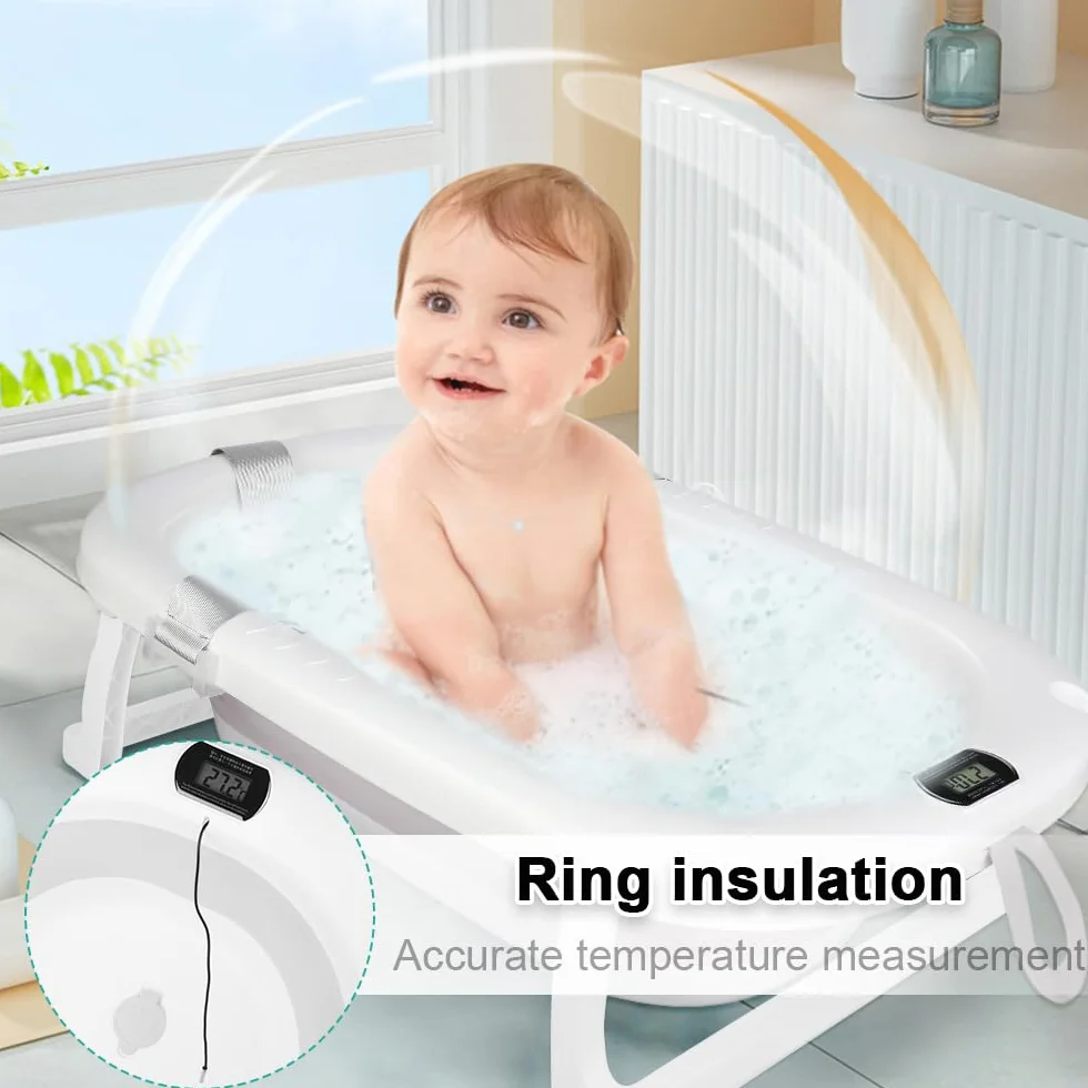 Baignoire Bebe Pliable avec Thermometre Digital, Coussin, Prise Pommeau de Douche, Gris 80x50x23cm 0-24 Mois