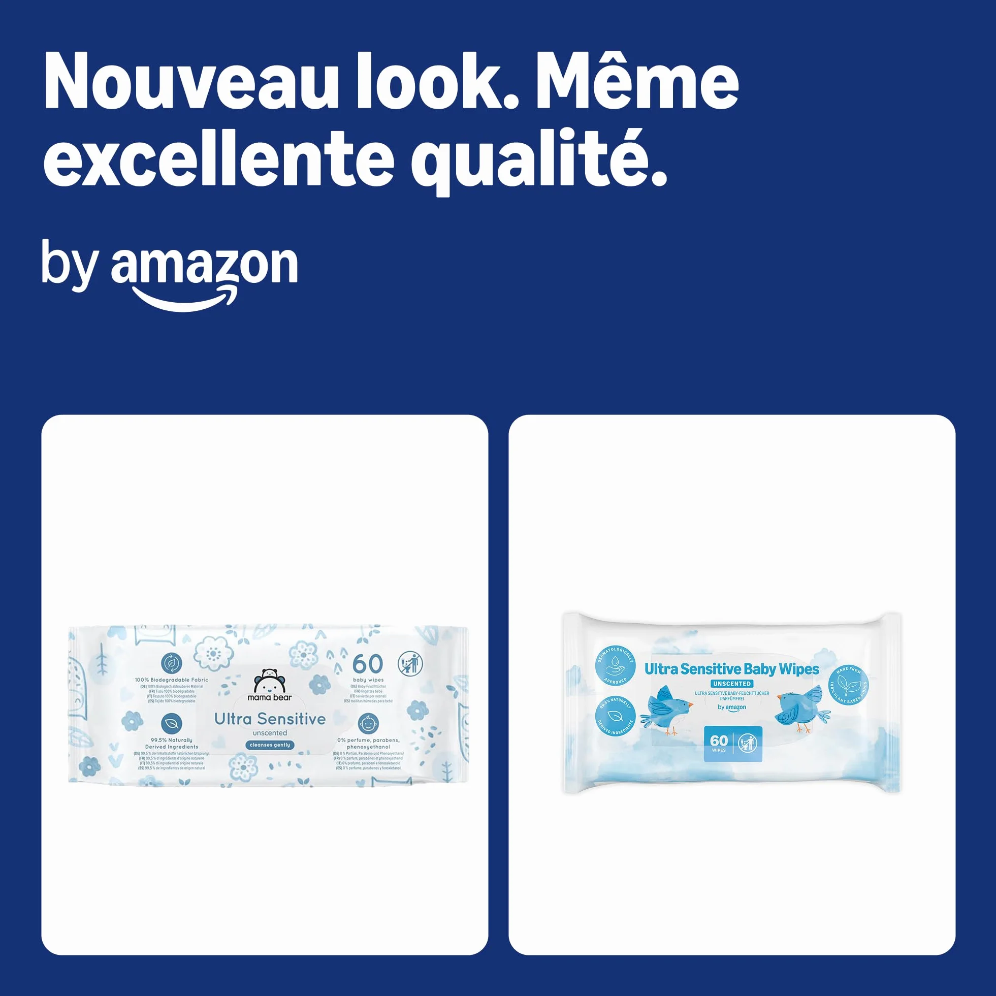 Lingettes bébé ultra-douces non parfumées, lot de 1080 lingettes, 18 paquets de 60