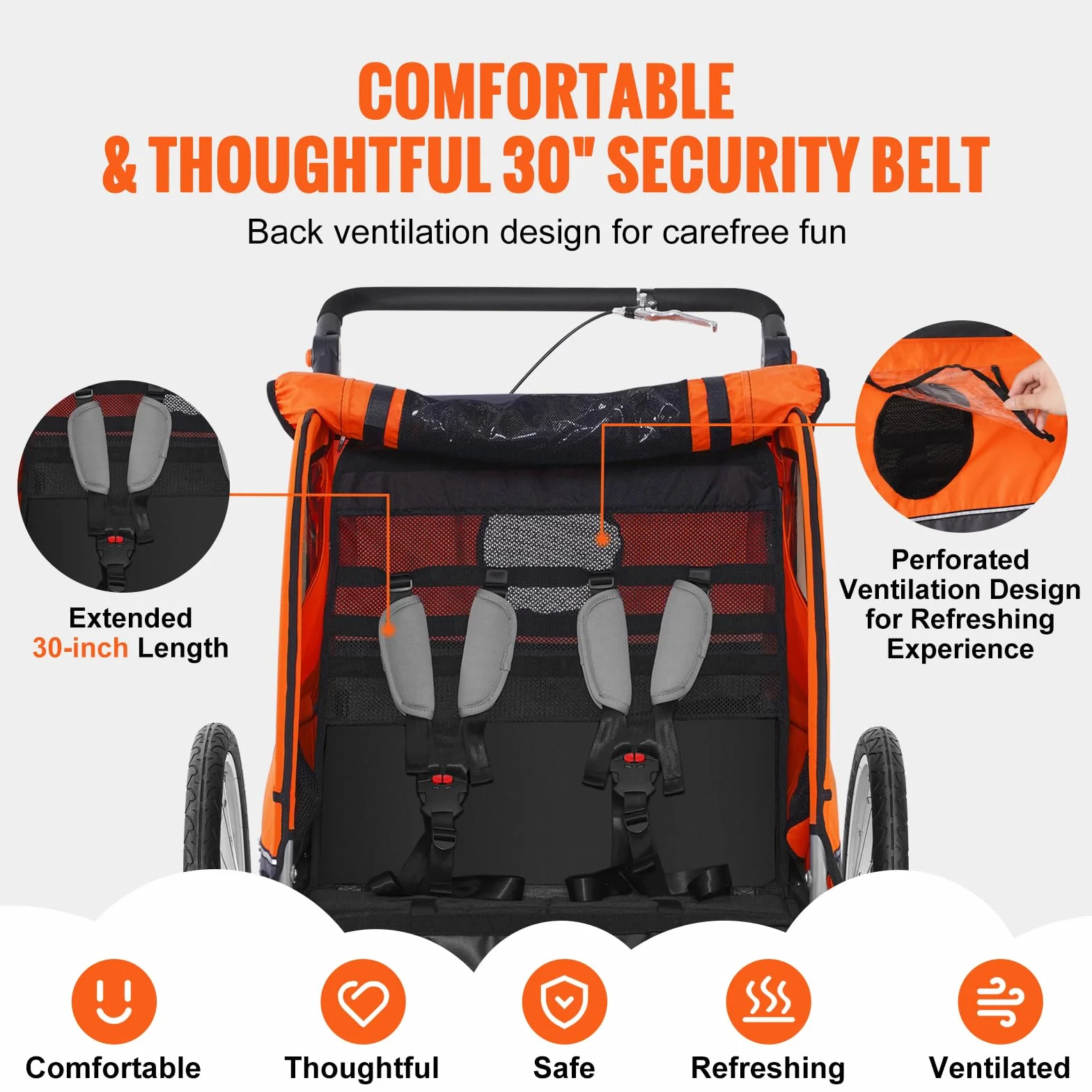 VEVOR Remorque vélo enfants double siège 40 kg 2en1 poussette pliable attelage universel Orange Gris