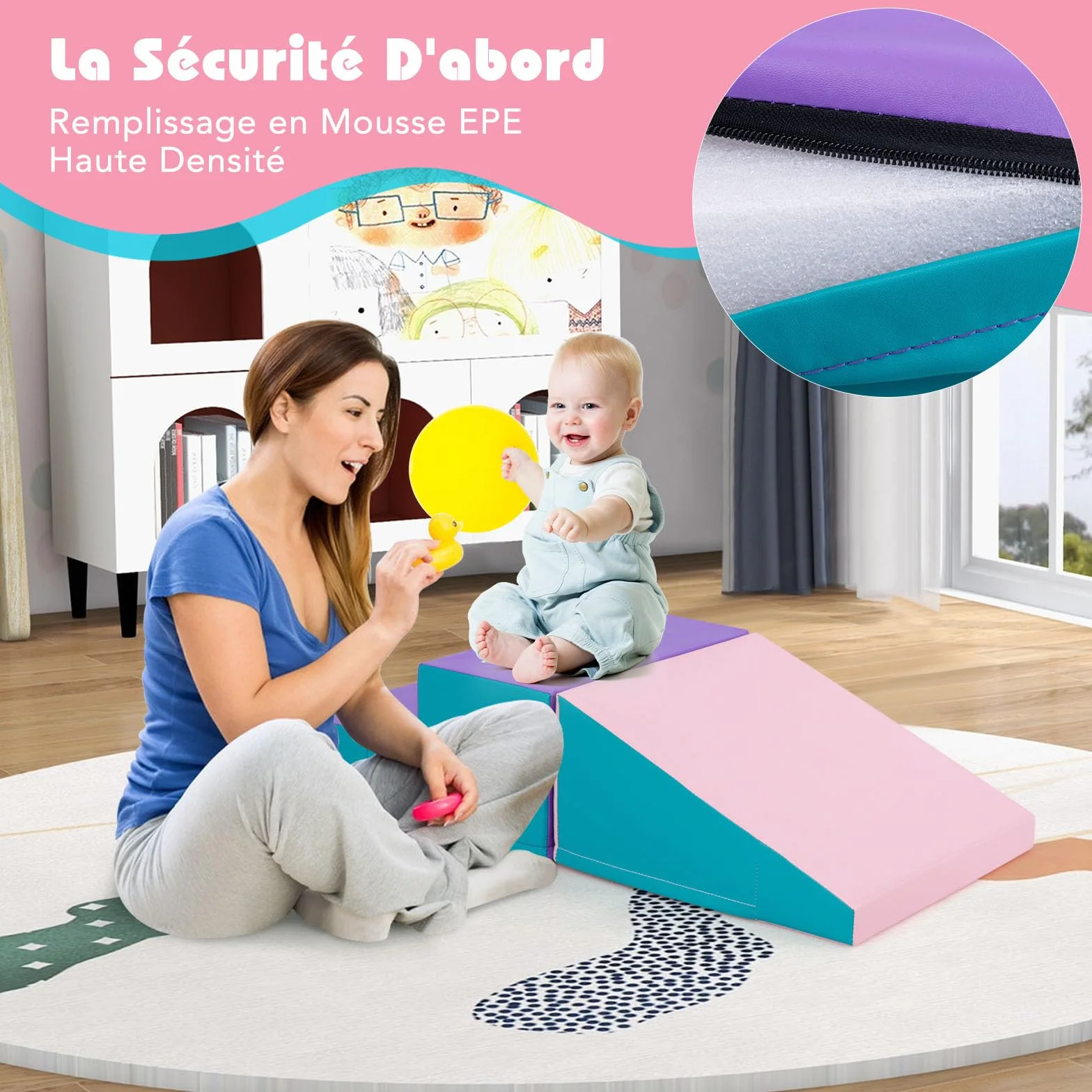 COSTWAY Parcours Motricité Bébé en Mousse avec Housse Amovible en PU, Module avec Marche & Toboggan, Jouets Éducatifs pour Ramper Grimper Enfant