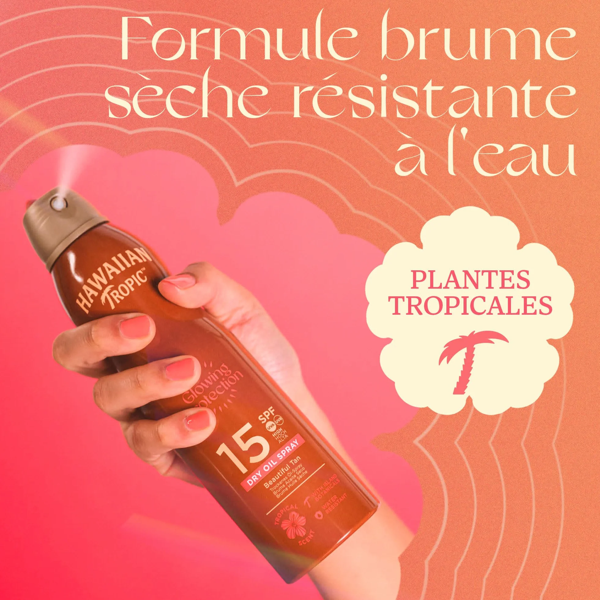 Hawaiian Tropic Brume huile sèche Glowing Protection SPF 15 UVA UVB Écran solaire en spray 177 ml