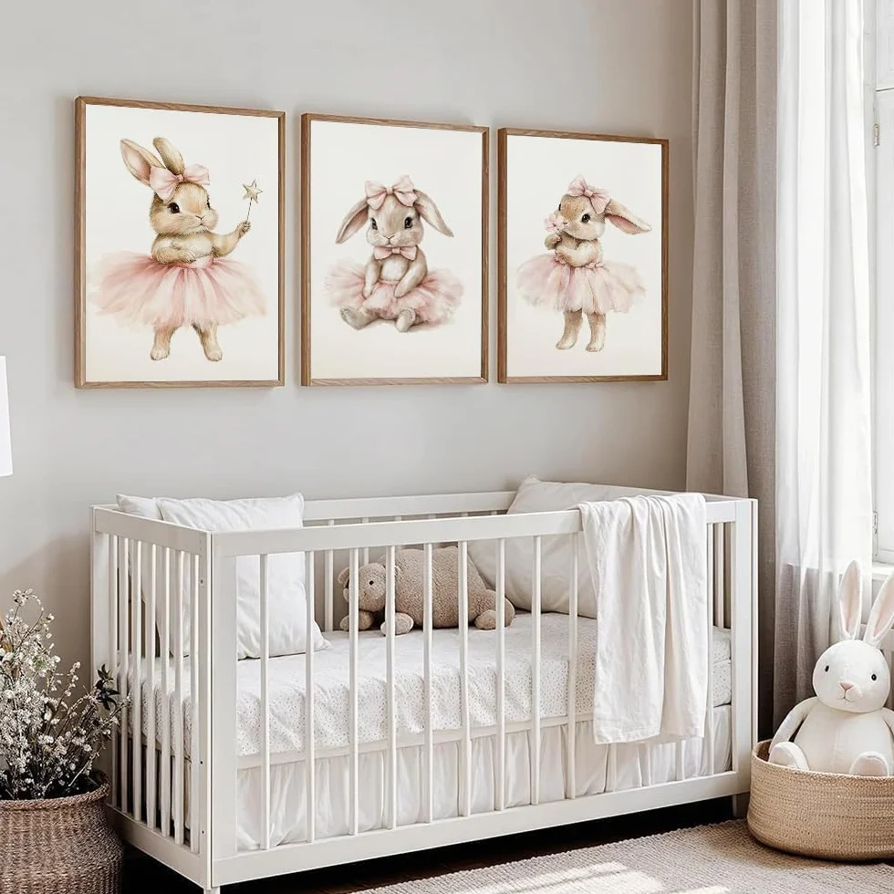 Affiche Lapin Chambre Fille 30x40cm Poster Boho Deco Chambre Enfant Rose Poudré Toile Sans Cadre