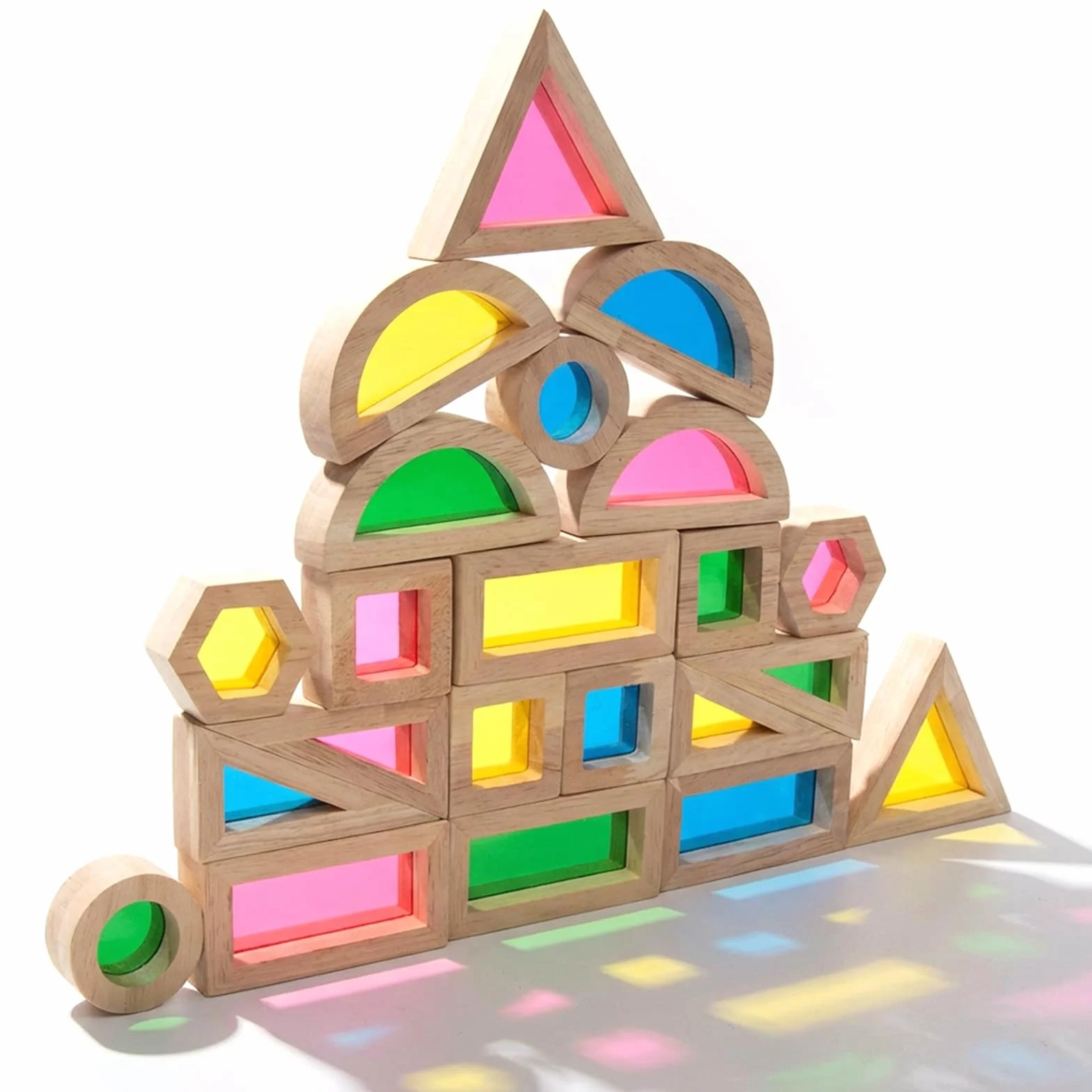 WOODENFEN 32 Pièces Blocs de Construction Arc en Ciel Acryliques Montessori Jouet pour Enfants en Bois