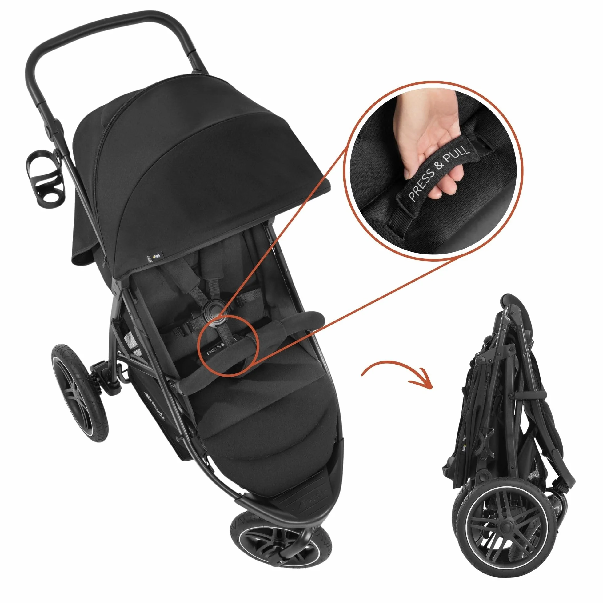 Hauck Poussette 3 Roues Rapid 3R, Pneus Caoutchouc, Suspension, Position Allongée, 22 kg, Protection UV 50+, Pliable, Guidon Réglable, Noir