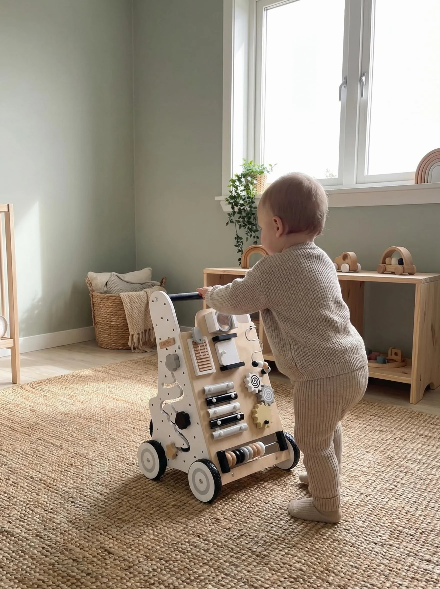 KiddyMoon Trotteur Tableau D'Activité Bois Chariot Marche Bébé Multifonctionnel WK-001 Noir-Blanc