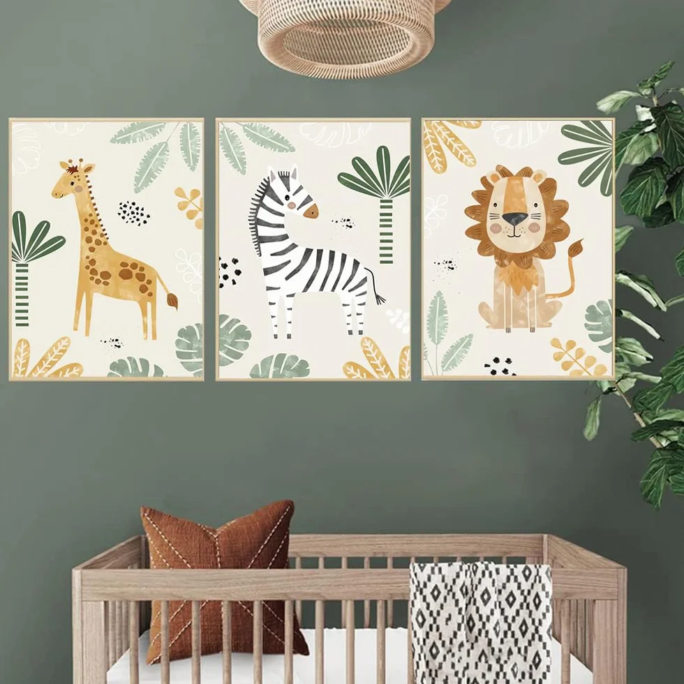 Affiches Animaux Jungle Lion Girafe Zebre Tableau Savane Deco Chambre Bebe Garcon Vert Beige Poster 30x40 sans Cadre