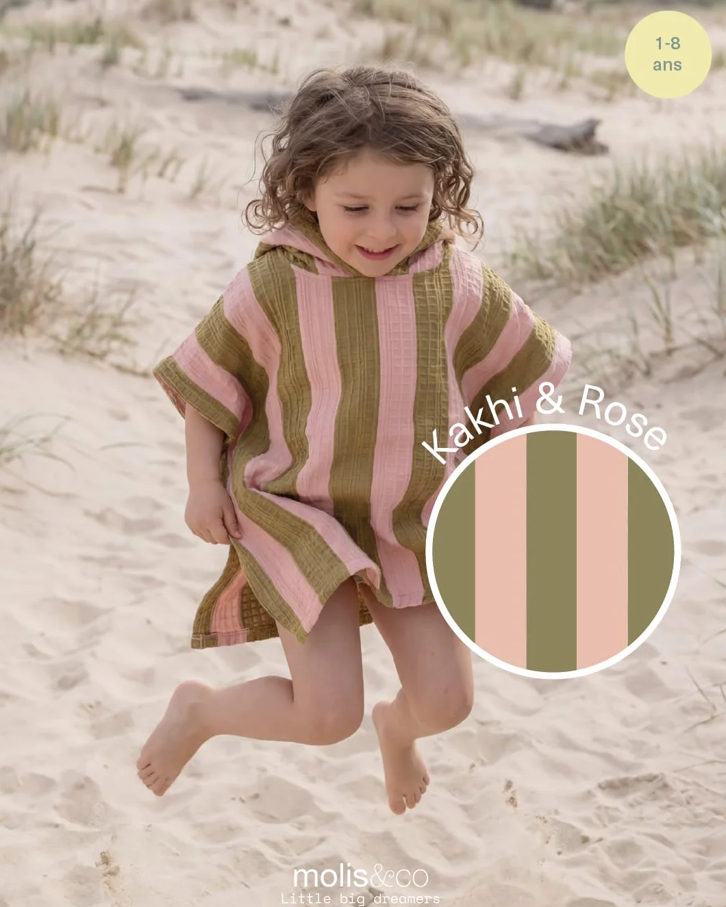Poncho de Bain pour Enfants Serviette de Plage à Capuche KHAKI & ROSE STRIPES