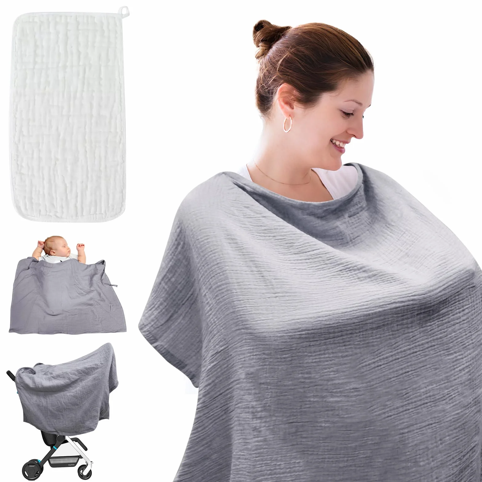 Cape Allaitement Bébé 100% Coton avec Serviette, Doux Respirant Sangles Réglables Gris