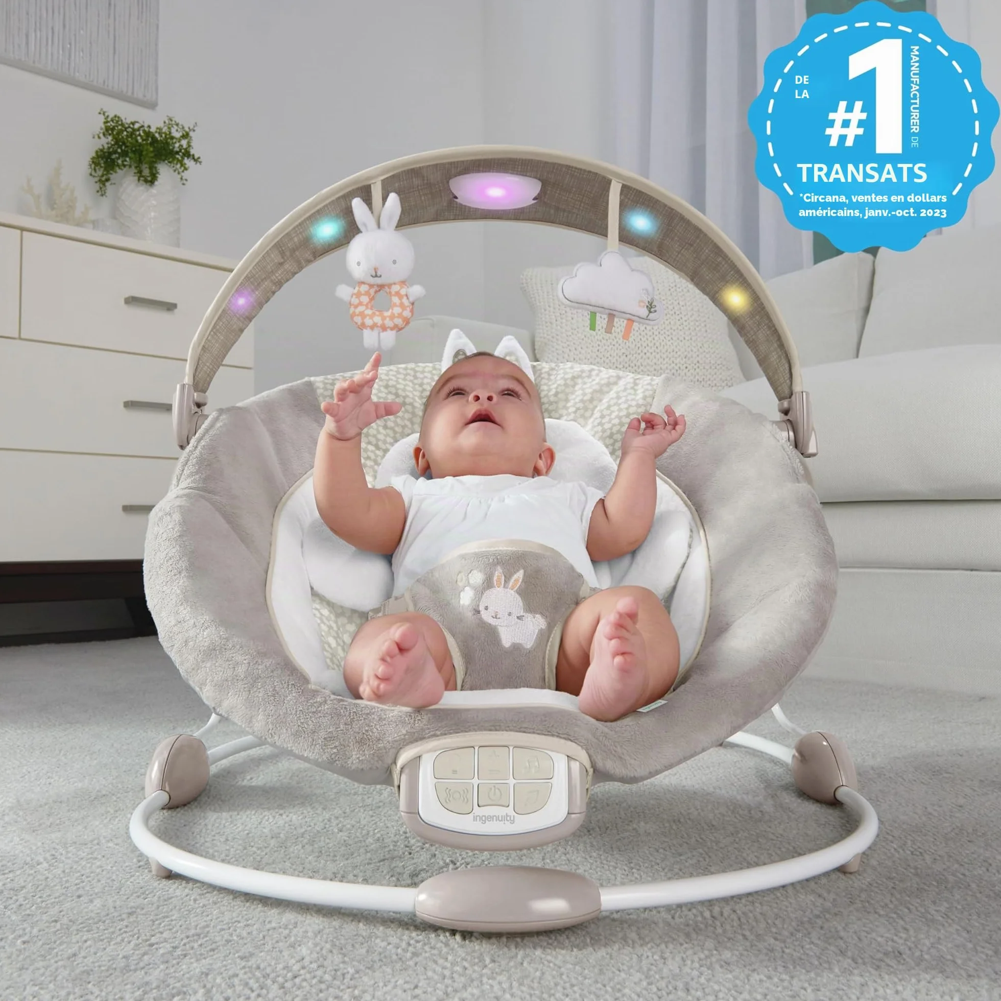 Ingenuity Transat et Siège Sauteur Twinkle Tails 7 Mélodies Vibrations Apaisantes Arche Lumière Jeu Amovible 2 Jouets D’Activités Ultra-Doux Dès Naissance 9 kg