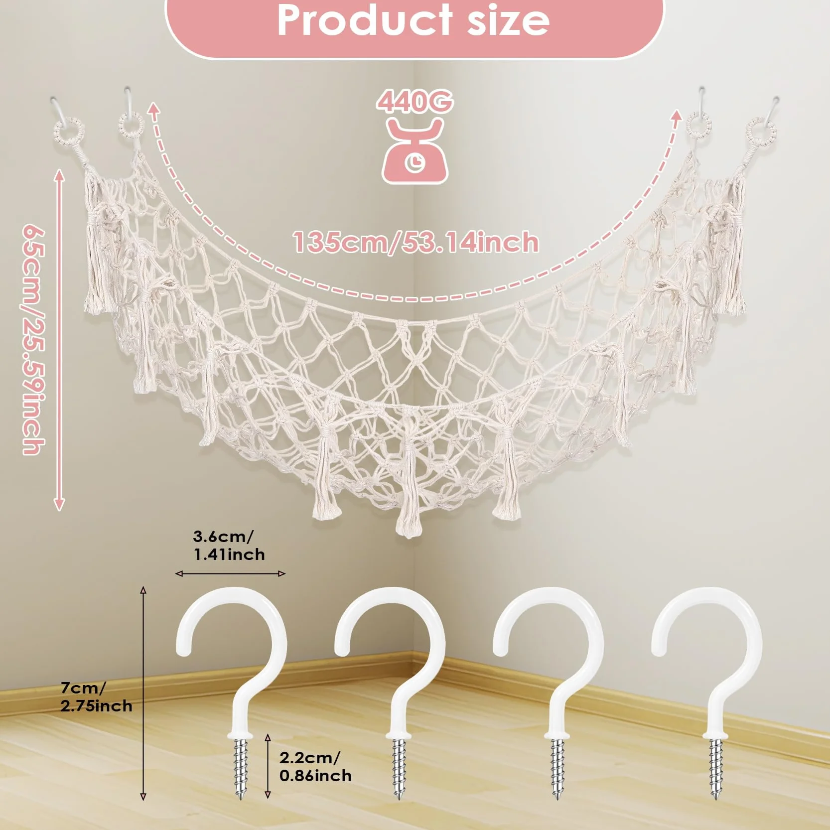 Hamac Carré en Macramé Bohème pour Animaux en Peluche, Filet de Rangement Mural en Coton, Blanc