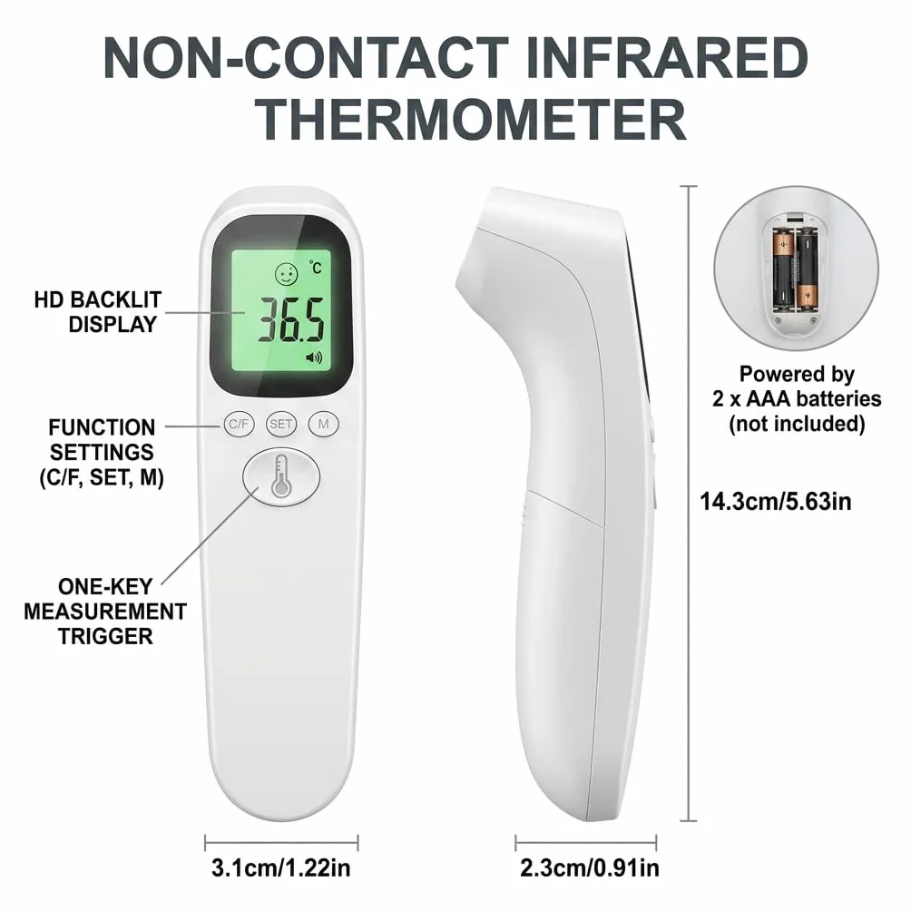 Thermomètre Frontal Sans Contact Infrarouge Médical Numérique pour Bébé Enfant Adulte Écran LCD Rétroéclairé 3 Couleurs Alarme Fièvre