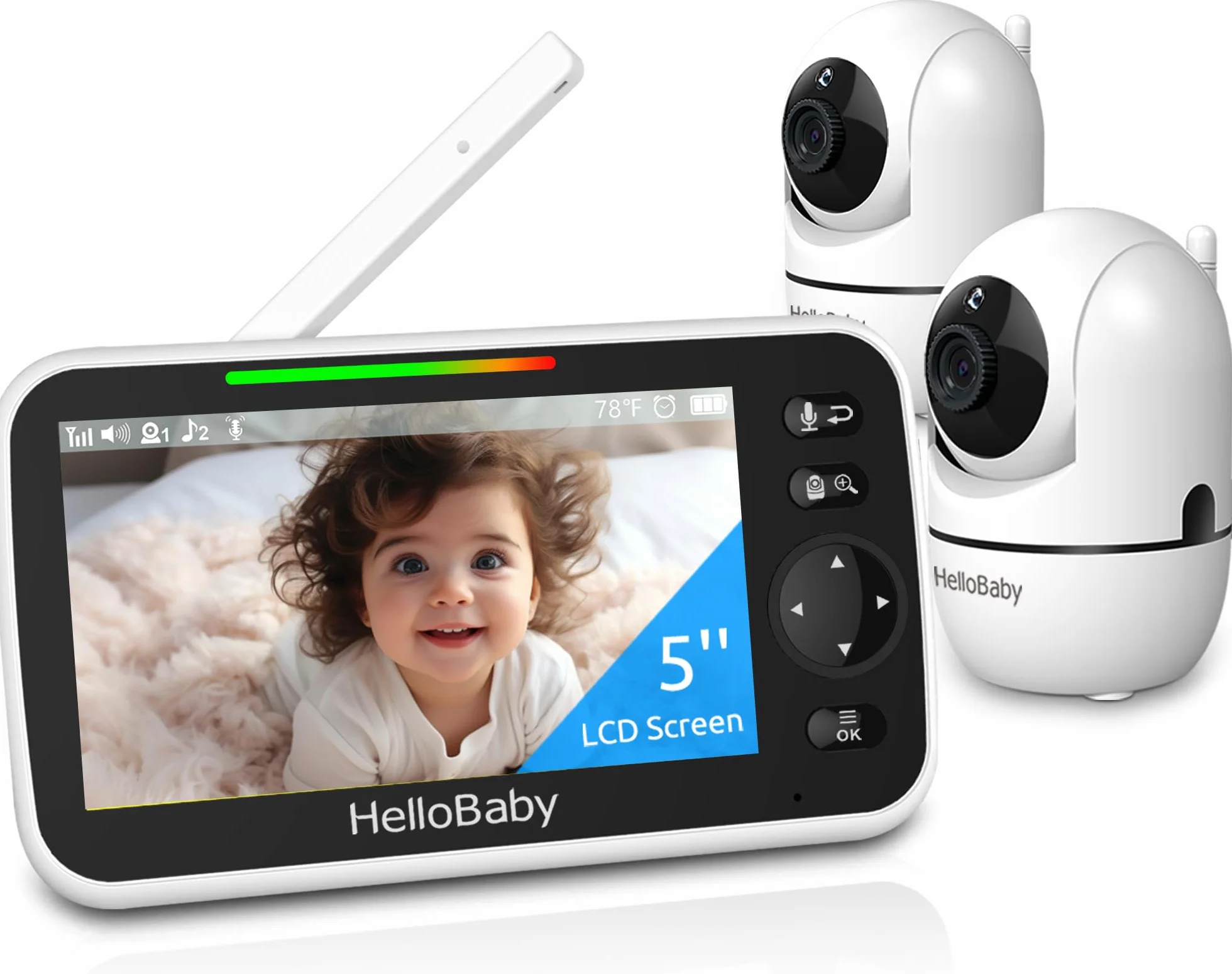 HelloBaby Moniteur bébé 12,7 cm Batterie 26 Heures 2 caméras Zoom Vidéo Audio Portée 304,8 m sans WiFi VOX Vision Nocturne Conversation bidirectionnelle 8 Langues