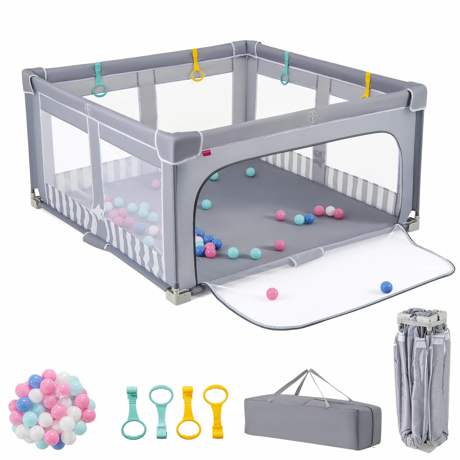 LIFEZEAL Parc Bébé Pliable 150 x 150 x 76,5 cm avec 4 Anneaux, 50 Boules, Tissu Oxford Gris