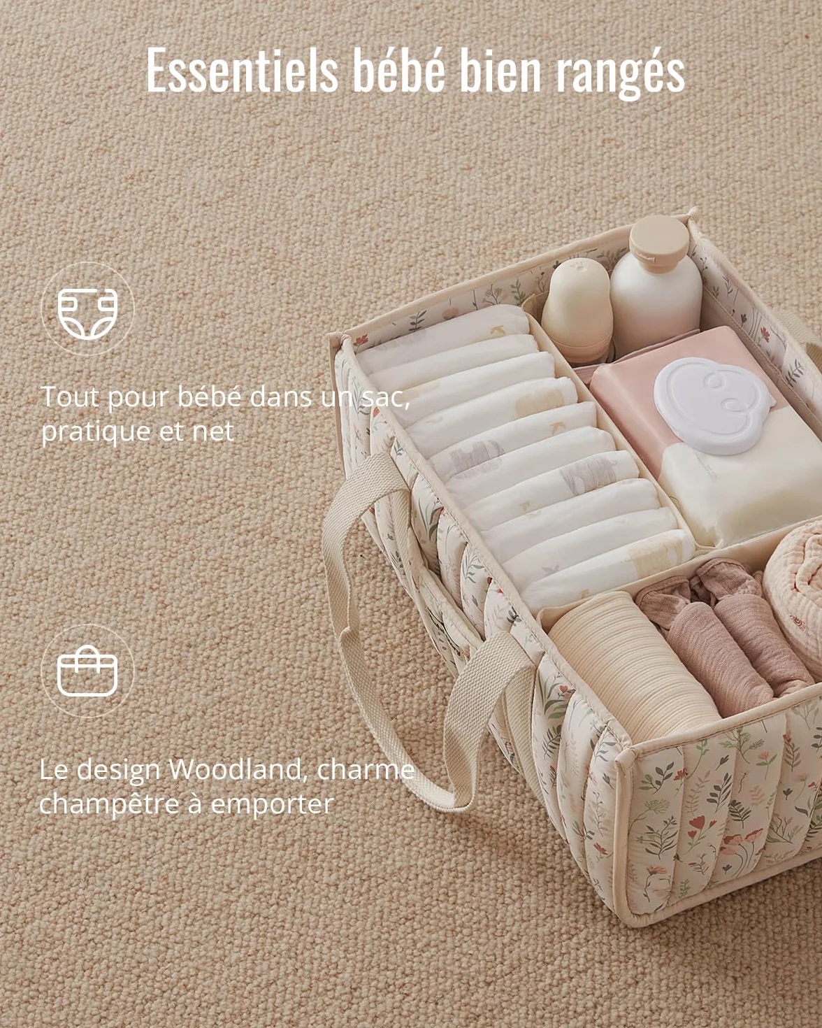 Blissful Diary Panier Rangement Bébé Organiseur Couches Table à Langer Fleurs Beiges