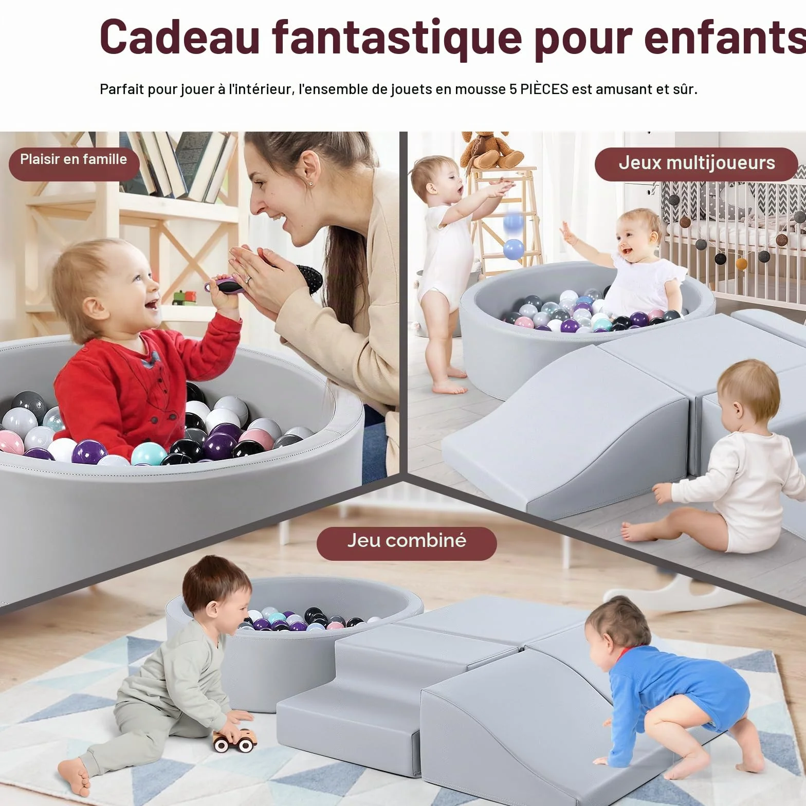 Lot de 5 jouets d'intérieur en cuir synthétique pour bébé avec piscine à balles - Jeu de blocs de construction en mousse - Jouet d'escalade et de ramper