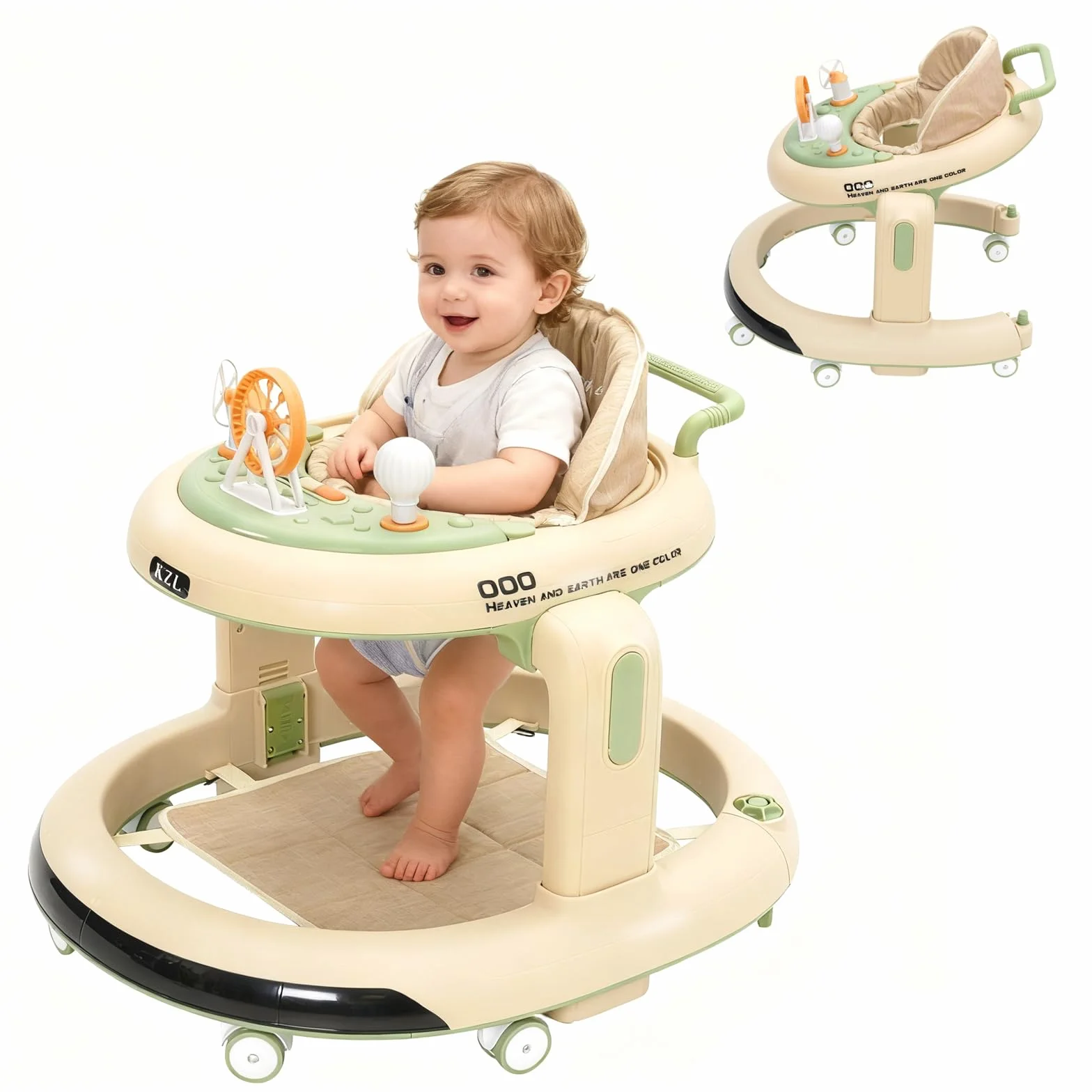 Trotteur Bébé 3 en 1 Babywalker avec 6 Hauteurs Réglables, Roues Silencieuses 360°, Plateau Repas et Musical Amovible, Vert