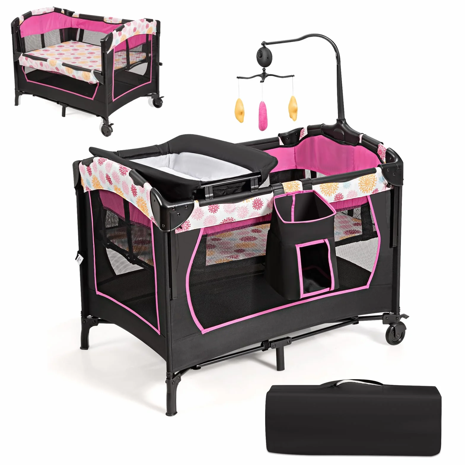 DREAMADE Lit Parapluie Bébé 4 en 1 107x72x119 cm Cododo avec Table à Lange & Matelas Noir+Rose