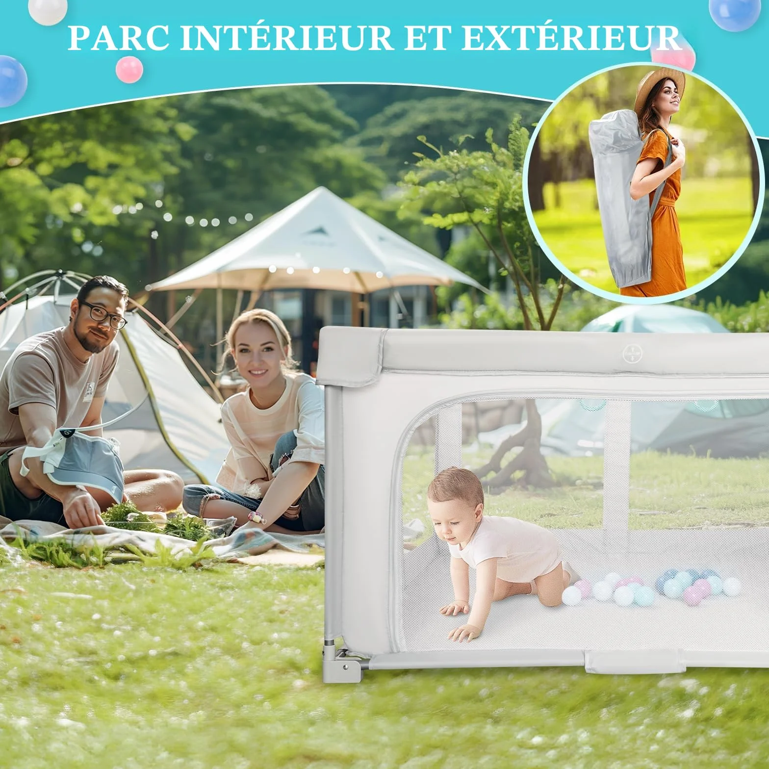 Parc Bebe Pliable 127x127cm Baby Playpen avec Sac de Voyage, 20 Boules Océaniques et 4 Poignées