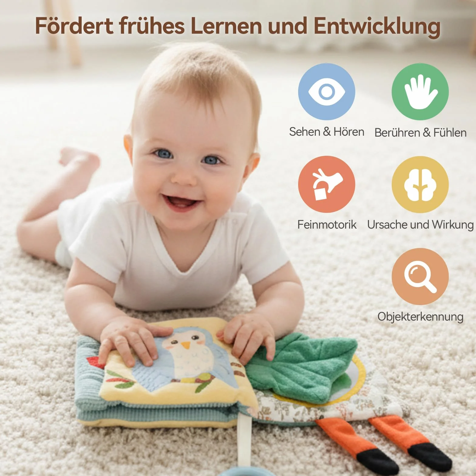 Livre de bébé en tissu avec miroir sensoriel crépitant pour nouveau-né 0-6 mois