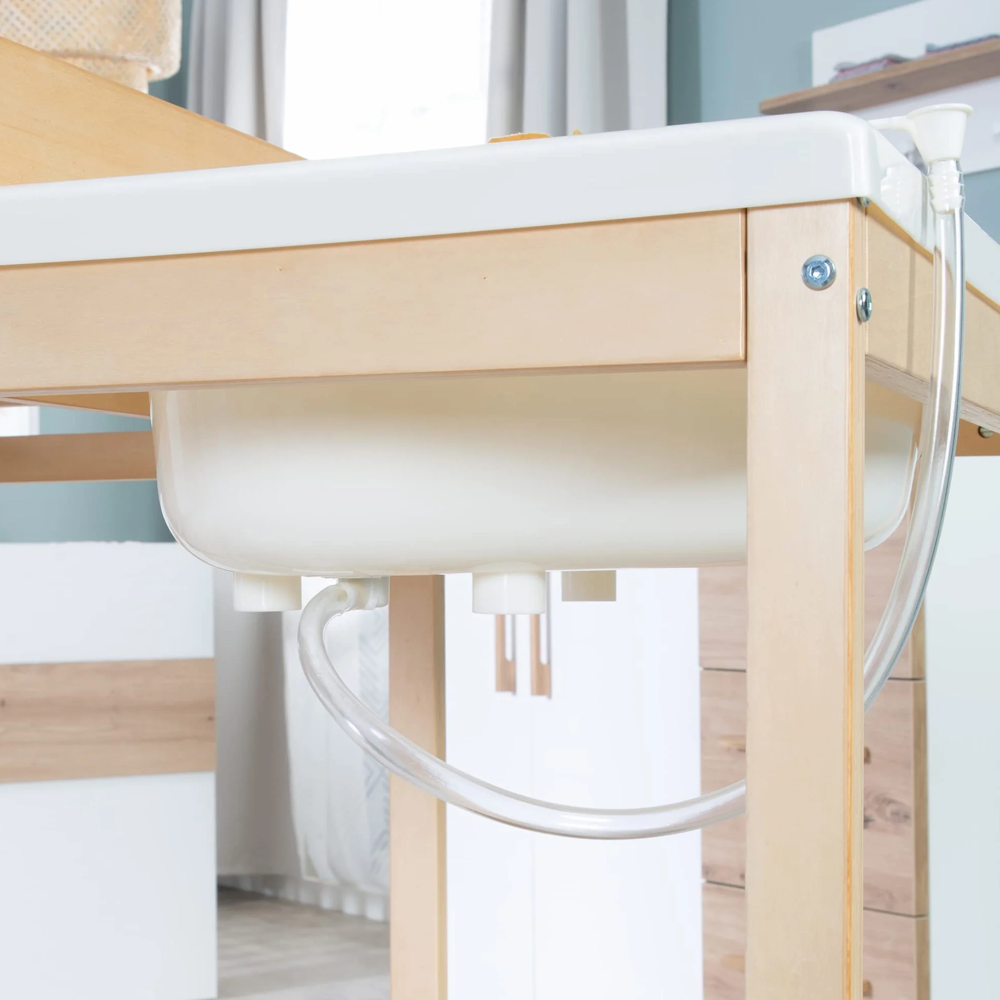 Table à Langer avec Baignoire Coulissante Baby Pool 2EN1 Matelas Imperméable Blanc 2 Compartiments Rangement Bois Naturel