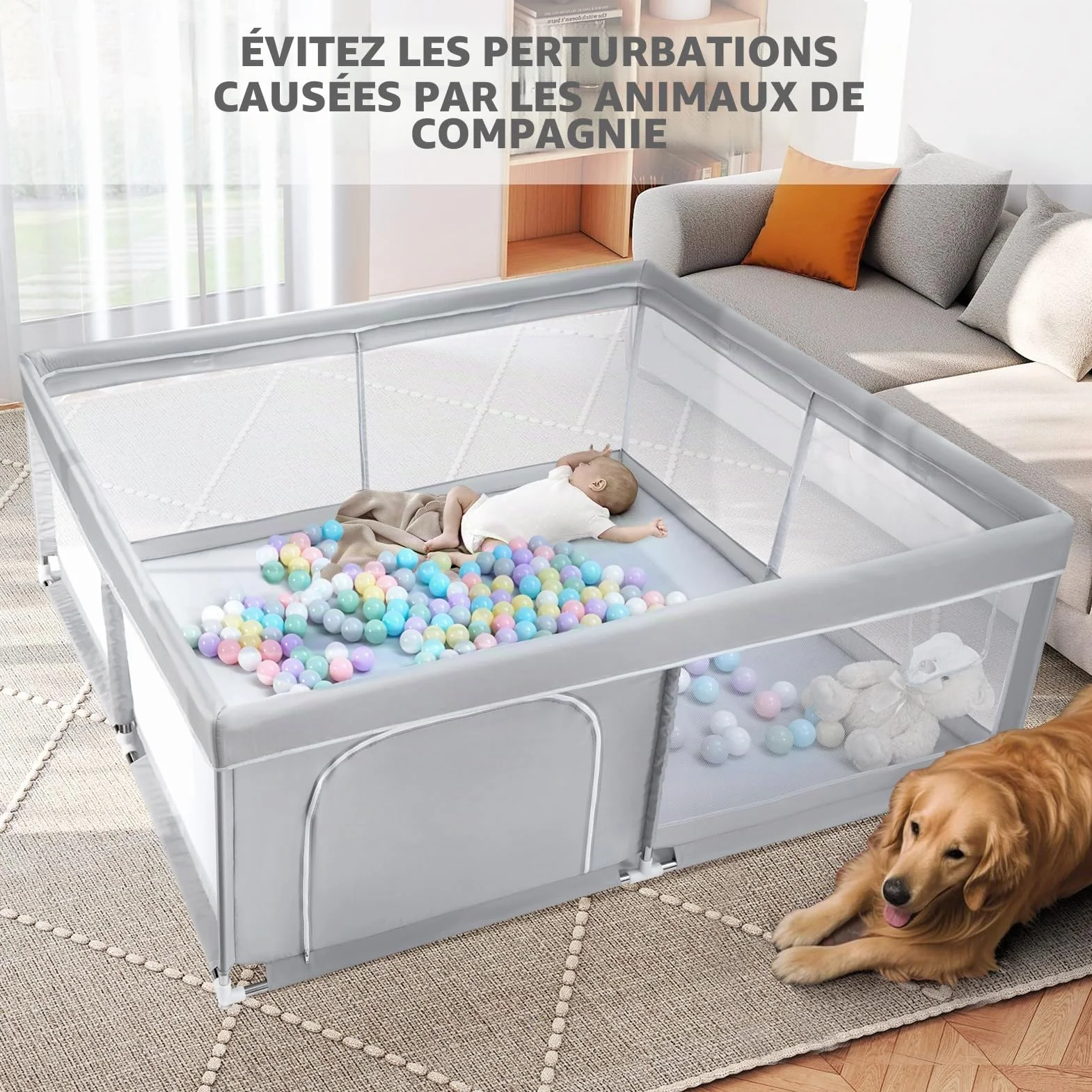 Grand Parc pour Bébé BEJOY XXL 180x200cm Protection Mousse Antidérapant Porte Fermeture Éclair Ronde Maille Respirante
