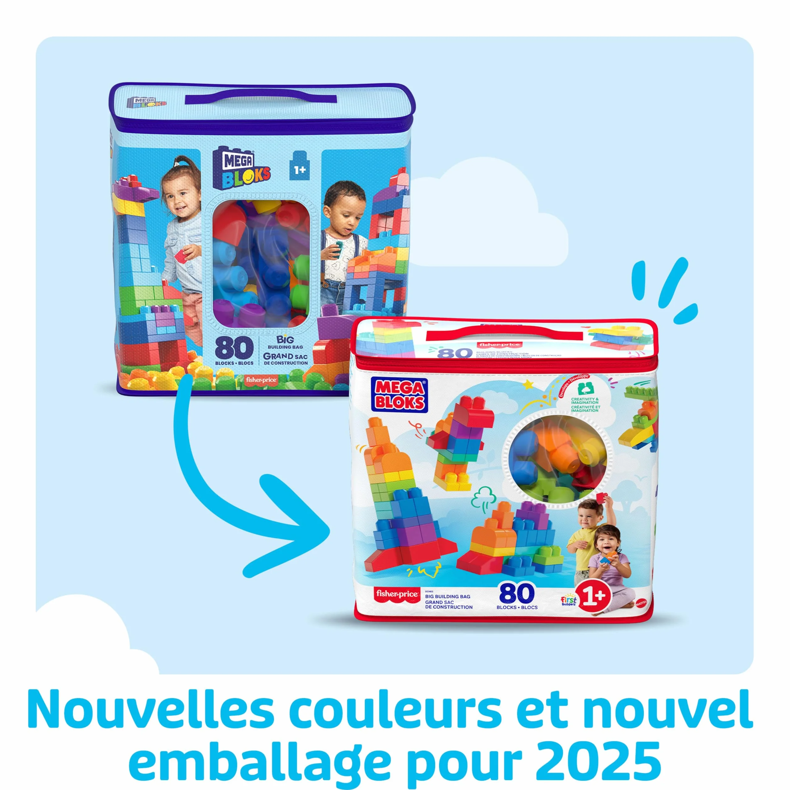 MEGA Bloks Sac bleu jeu de blocs de construction 80 pièces jouet bébé enfant 1-5 ans DCH63