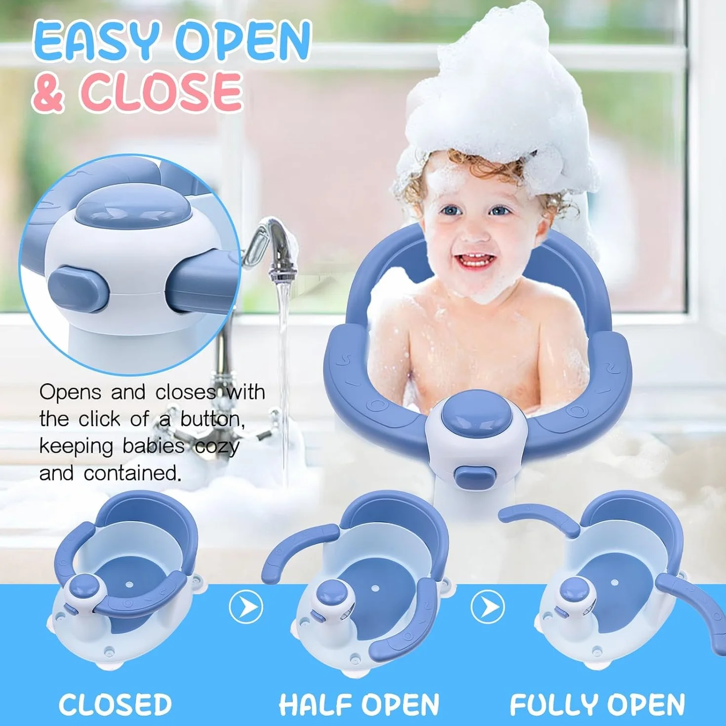 Siège de Bain pour Bébé 6-36 Mois avec Coussin Antidérapant et 4 Ventouses (Bleu)