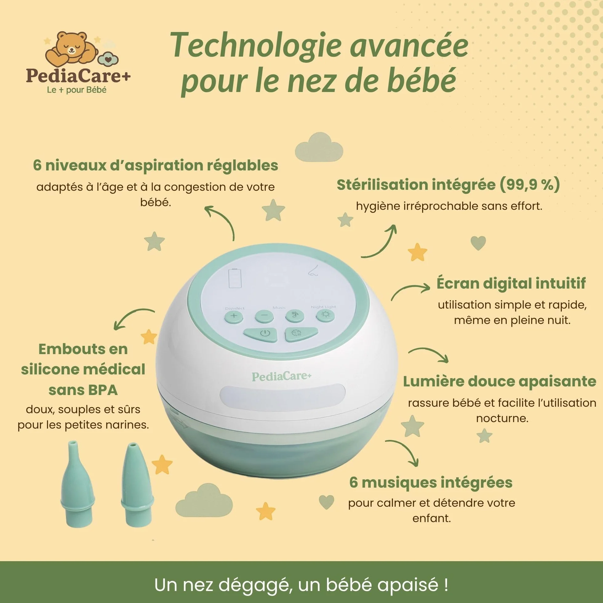 Pediacare+ Mouche Bébé Électrique Aspirateur Nasal Rechargeable USB Silencieux Hygiénique