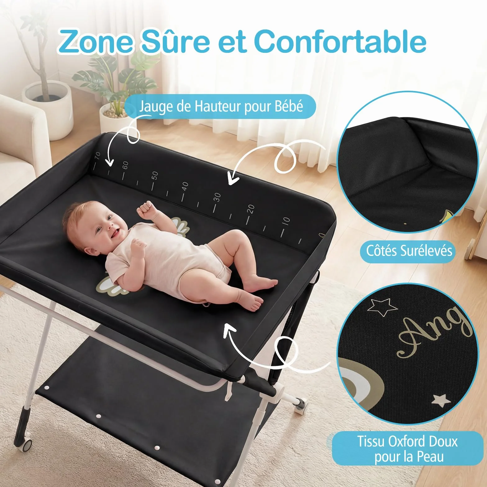 COSTWAY Table à Langer Pliante Bébé Réglable Hauteur 3 Niveaux Roulettes Étagère Panier Organiseur Mobile Noir