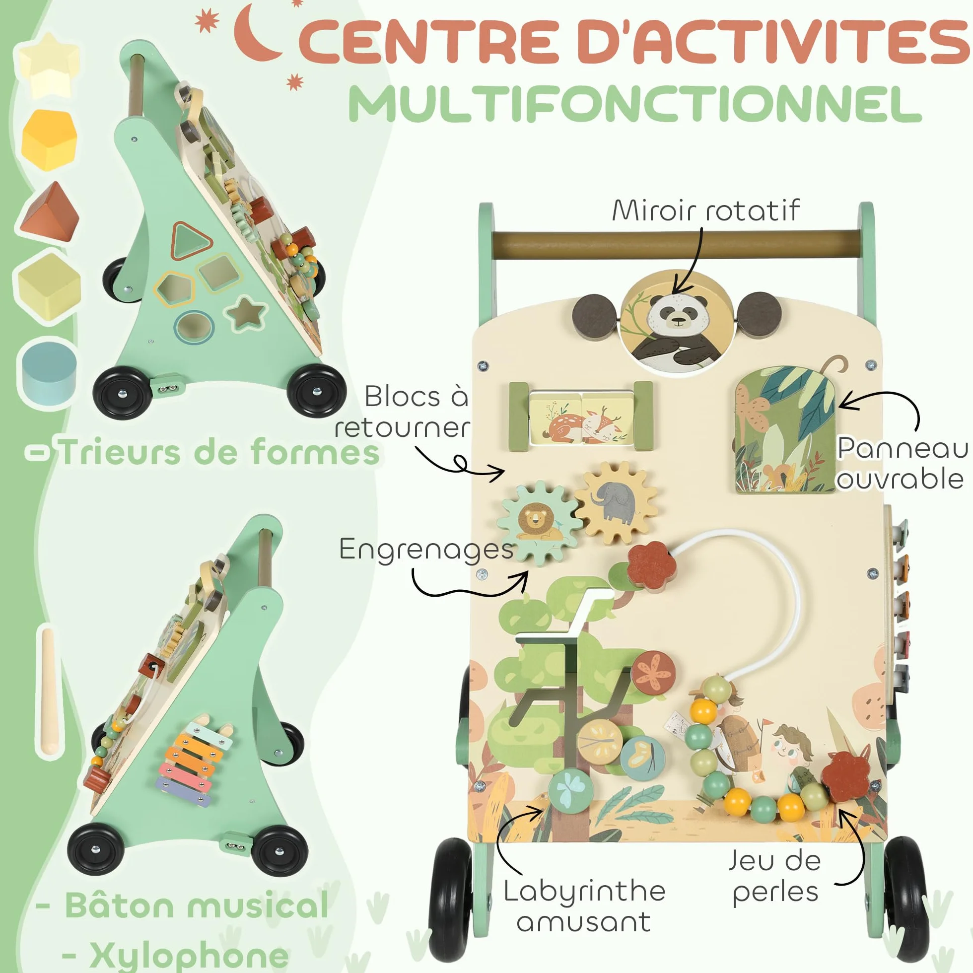 AIYAPLAY Trotteur en bois bébé contrôle vitesse centre activités xylophone engrenages labyrinthe perles chariot marche 18+ mois vert