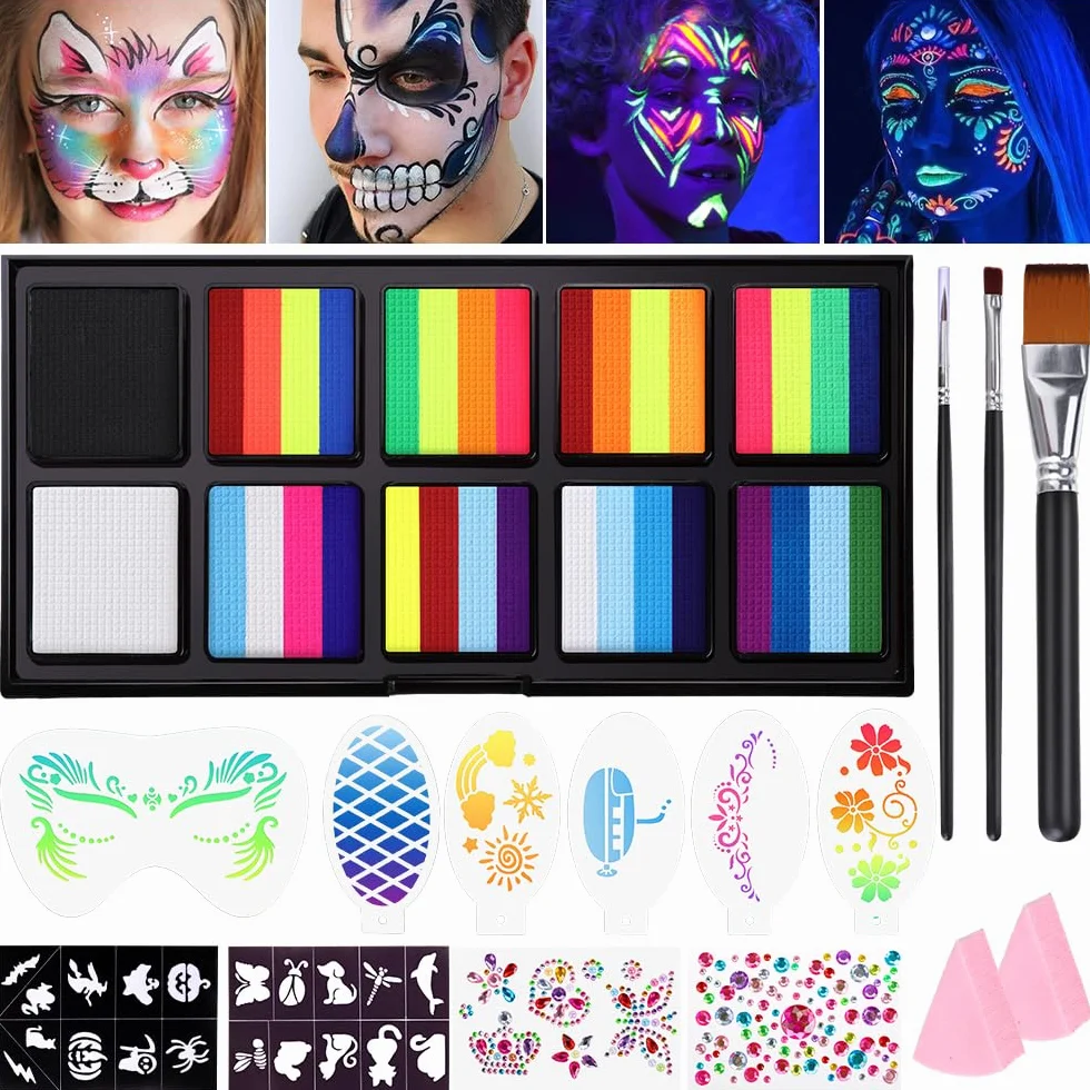 Janolia Palette Maquillage Enfant 34 Couleurs Fluorescents UV Peinture Visage avec 3 Pinceaux Kit Maquillage Carnaval Halloween