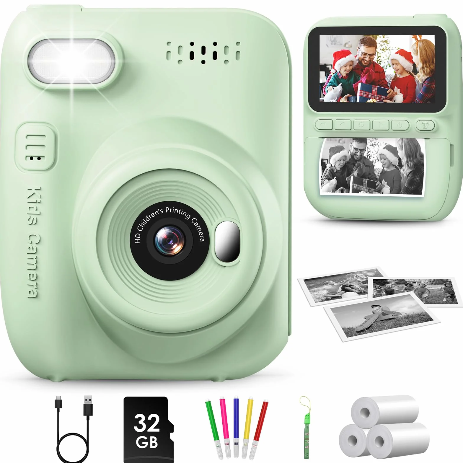 GREENKINDER Appareil Photo Instantané Enfant 3.0" Grand Écran 14 MP avec Carte 32 Go & Papier d'impression