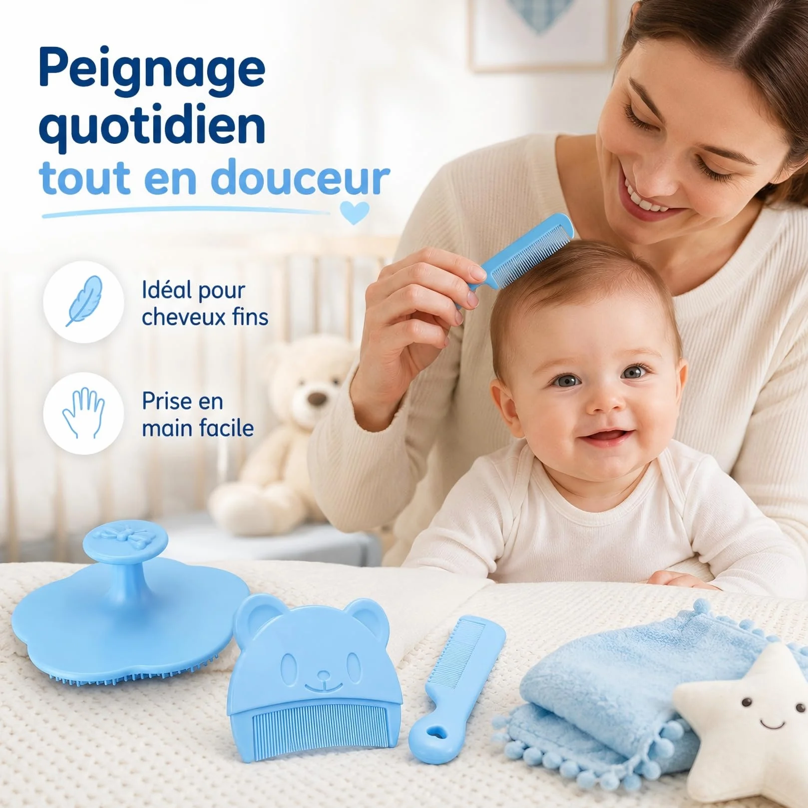 Lot de 4 Brosses et Peignes pour Bébé Anti-Croûte de Lait, Brosse à Cheveux Bébé, Peigne Doux pour Nettoyage et Massage du Cuir Chevelu