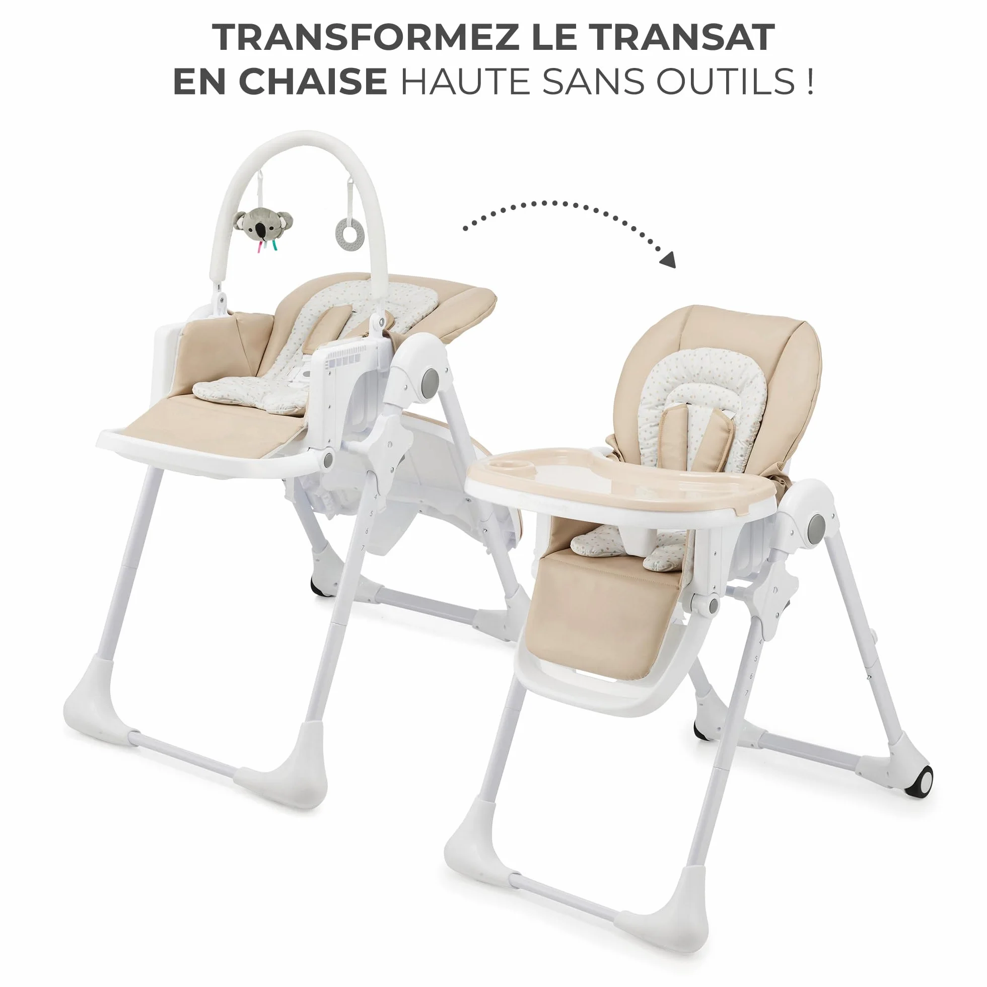 Kinderkraft TUMMIE Chaise Haute 2 en 1 Ergonomique Pliable avec Hauteur Réglable Beige