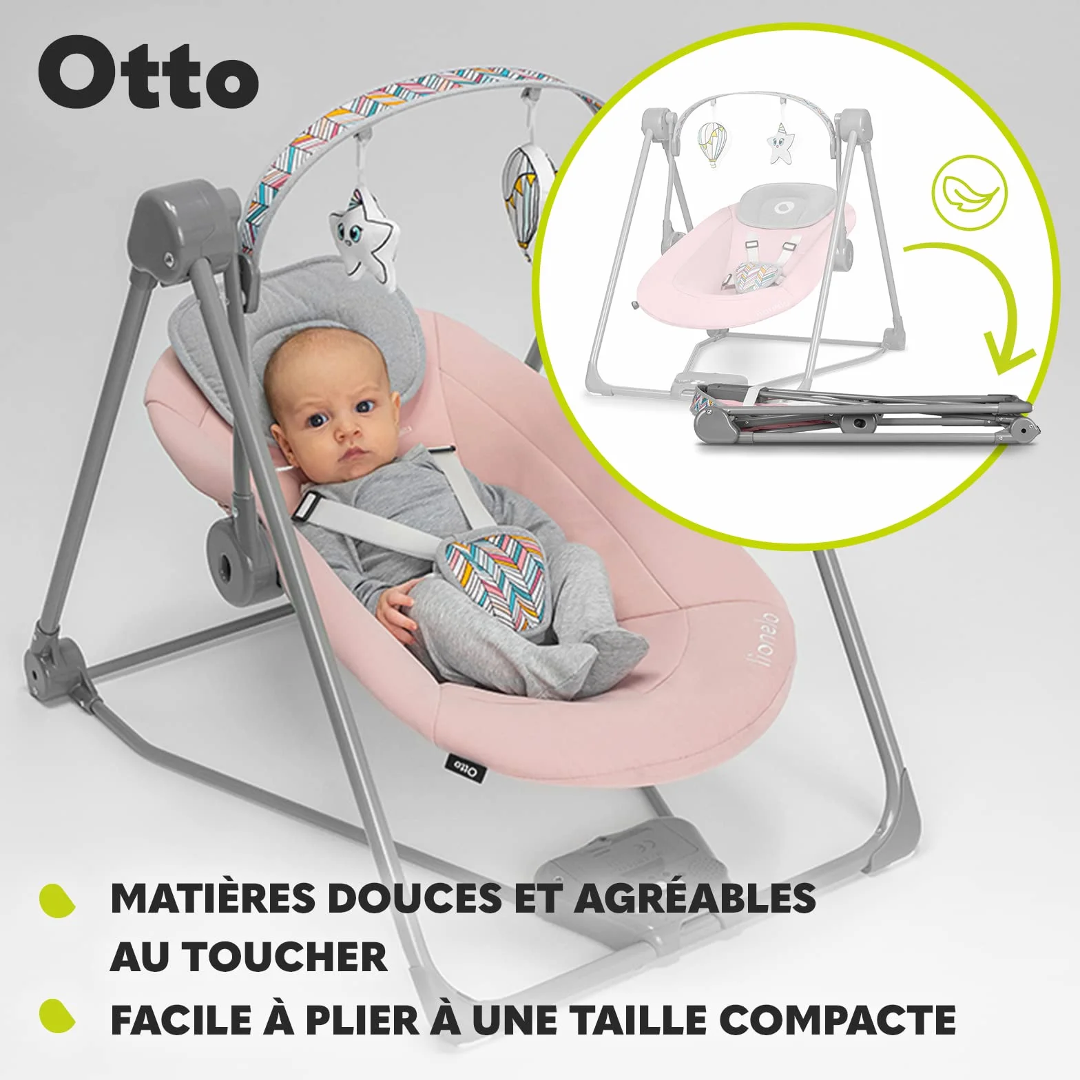 LIONELO Otto Transat Bebe Balancelle jusqu'à 9 kg, Jouets Interactifs, Sons de la Nature, 5 Vitesses de Bercement