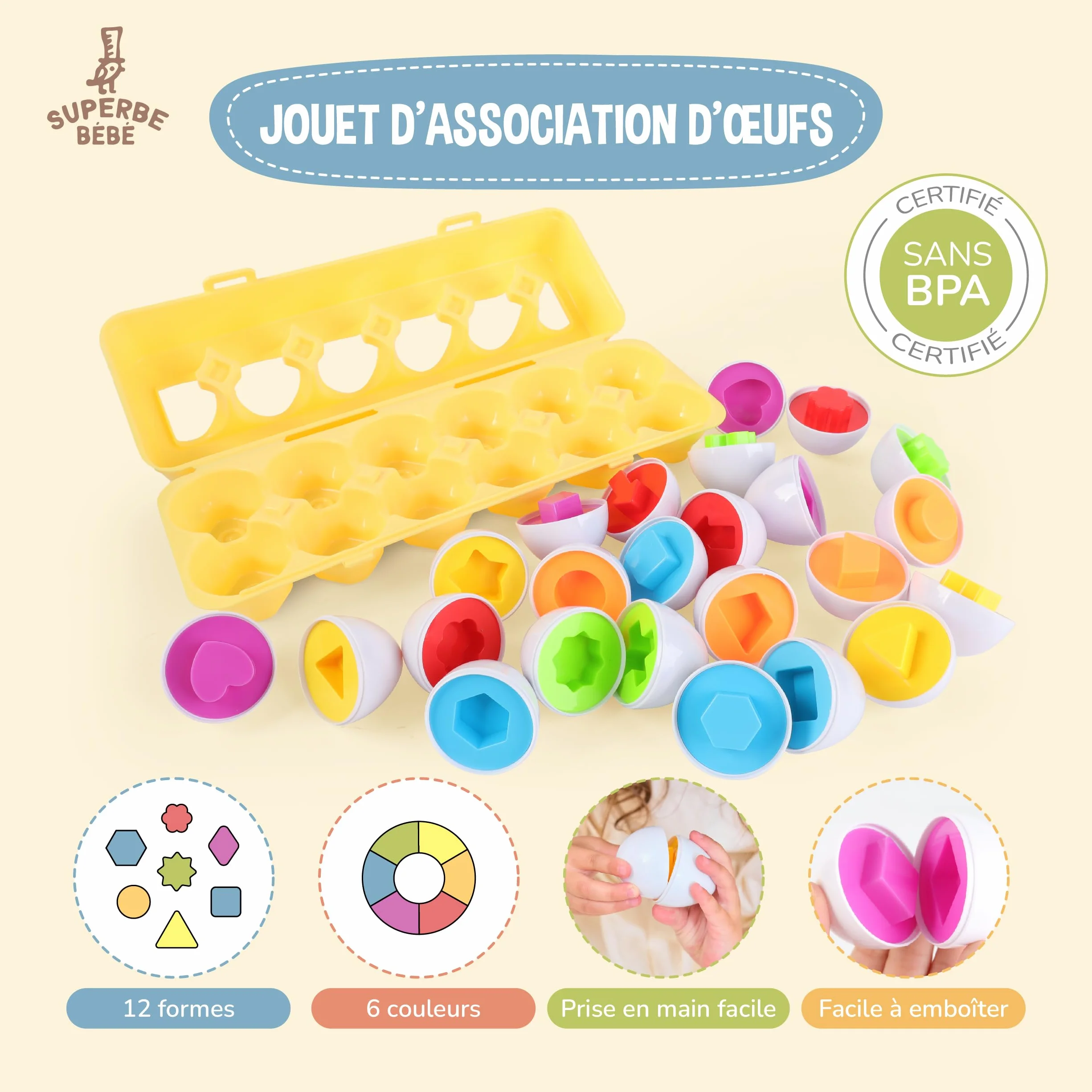Jeu Montessori Bébé Enfant Œufs Assortis Plastique Apparier Formes Couleurs Jouet Éducatif 3 Ans Cadeau Naissance