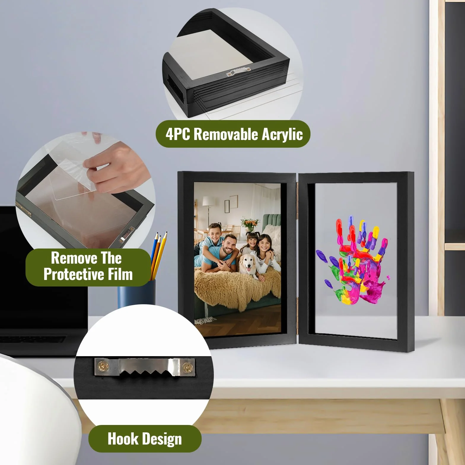 Nabance Empreinte Main Famille 4 Plaques Plexiglas 5 Couleurs Pigments Cadre Empreinte Famille Noir